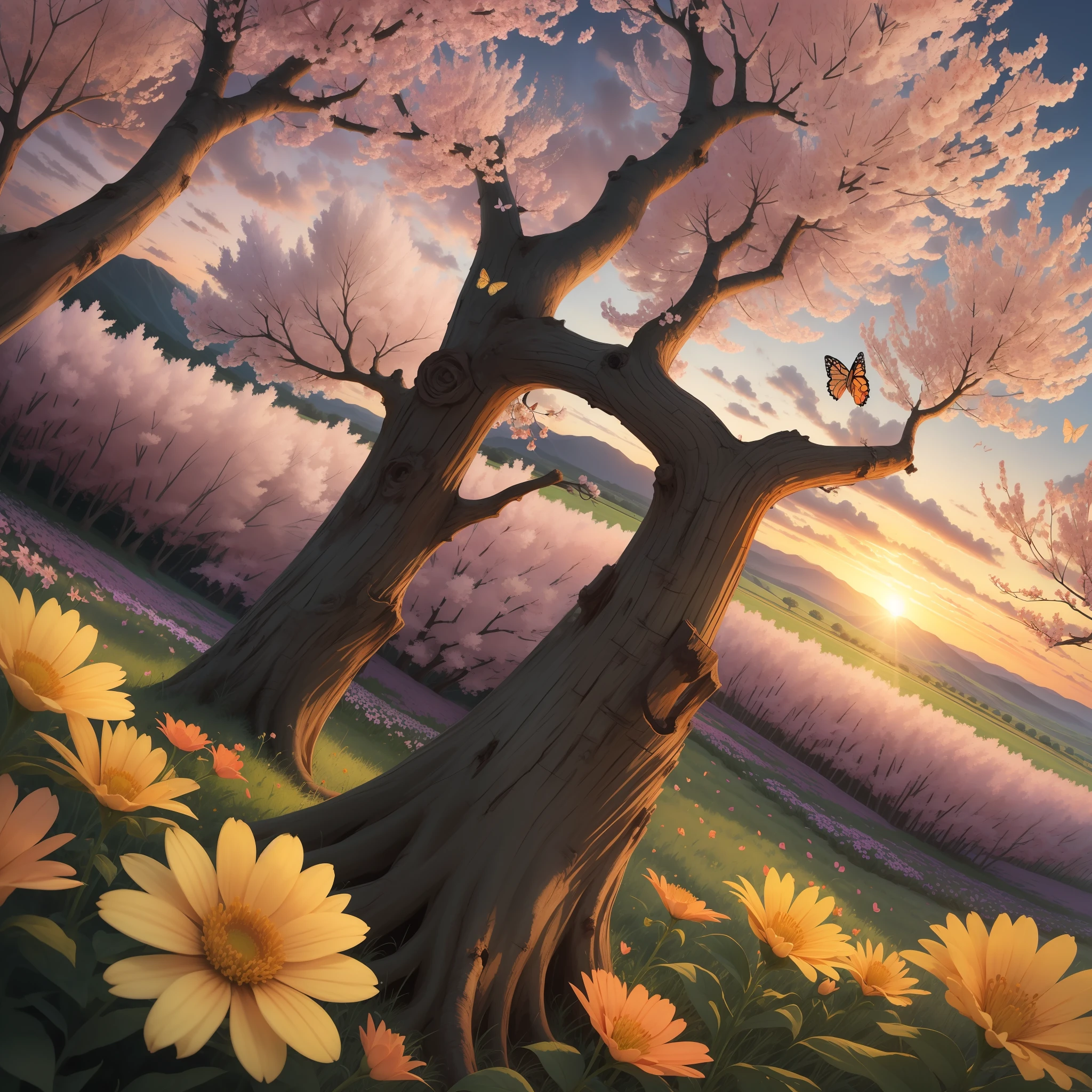 Field of flowers butterflies cherry tree sunset