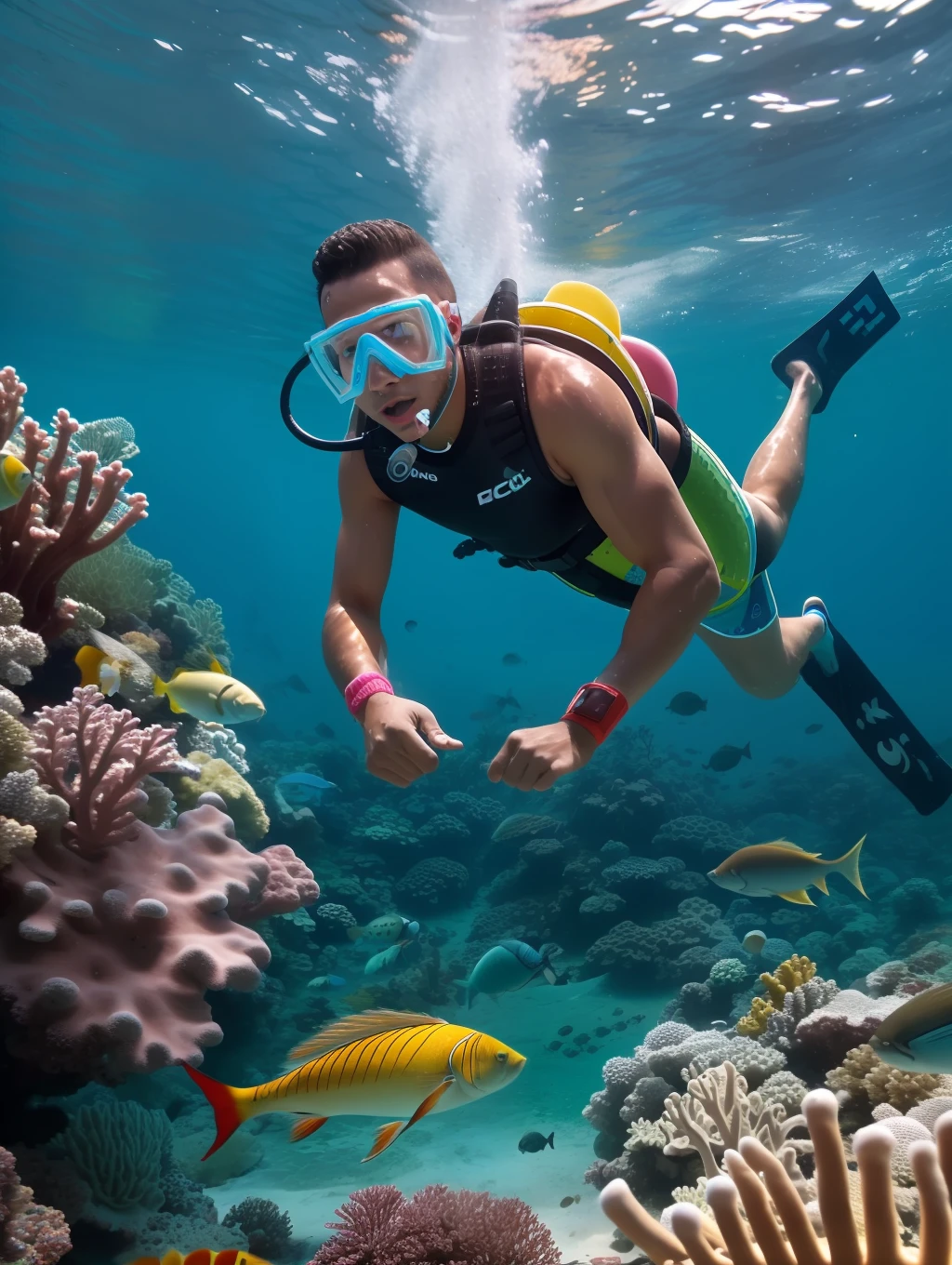 A full wide shot of a young Brazilian man with snorkeling gears dives after chitala fishes in a pool. bright pastel colors, cinematic comedy 8k --ar 16:9 --v 5.2 --s 750