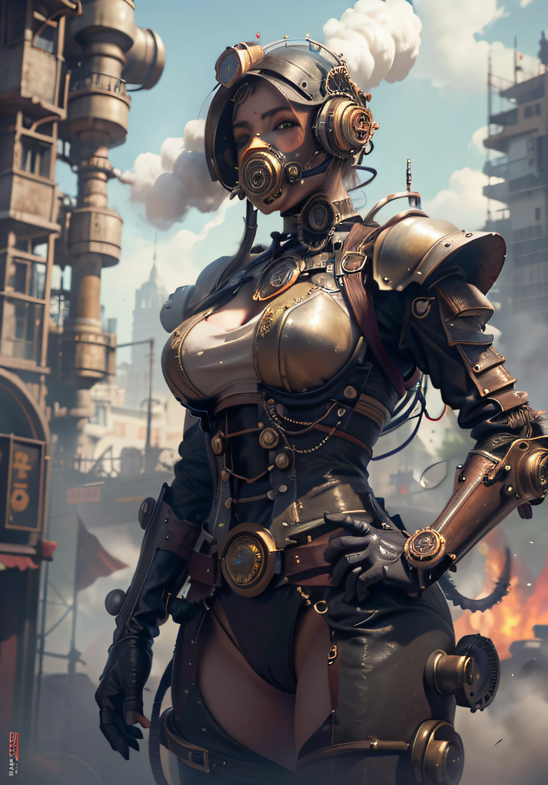 there is a woman with a steam mask on her head, Portrait of a mechanical woman, Arte Digital 4K Realista, Arte Digital 4K Realista, Wojtek FUS, Arte digital altamente detalhada em 4k, Cyber Steampunk 8K 3D, arte steampunk digital, Arte digital realista 8k, Arte digital detalhada em 4k, Arte cyberpunk 8K ultrarrealista, arte conceitual ultra realista, master part, melhor qualidade, fotorrealista, melhor sombra, delicado, RAW, ultra high-resolution, Arte hiper-realista, gallery-grade work, Arte Oficial, wallpaper forced,64 mil, ultra precise, visualmente impressionante, Obra-prima sublime, peak clarity, 1 enorme cidade Steampunk, High-rise buildings covered by behemoth-like mechanical devices, show a scene of sharp contrast, Uma camada de nuvens subindo desordenadamente sobre a cidade, Huge steampunk buildings, The surface is covered with complex gears and mechanical devices,(eyesight,full view,corpo inteiro:1.2), (Nas paredes da cidade Steampunk, 1 soldiers in strong mechanical armor, Handheld Steam Gun, Guard the safety of the city:1.2), Steampunk, dirigible, Steam robot,