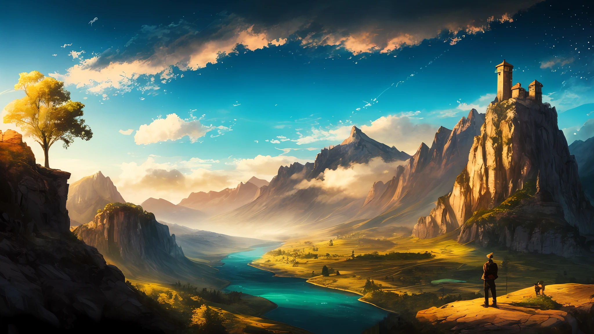 Vast mountain photos，（Look from the diagonal rear，Above is the sky，Below are open mountains），A man standing on a cliff looking up，Antique Boy，At your feet are mountains and rivers，（meteors：0.9），（​​clouds：1.3），Far Mountain, Tree BREAK making art，（cold light source：1.2），Complicated details，Volumetric lighting BREAK（tmasterpiece：1.2），（best qualtiy），4K，ultra - detailed，（dynamic compositions：1.4），with high detail，plethora of colors，，（with light glowing，Atmospheric lighting），fantasy，dream magical，ancient wind，The male protagonist of the novel