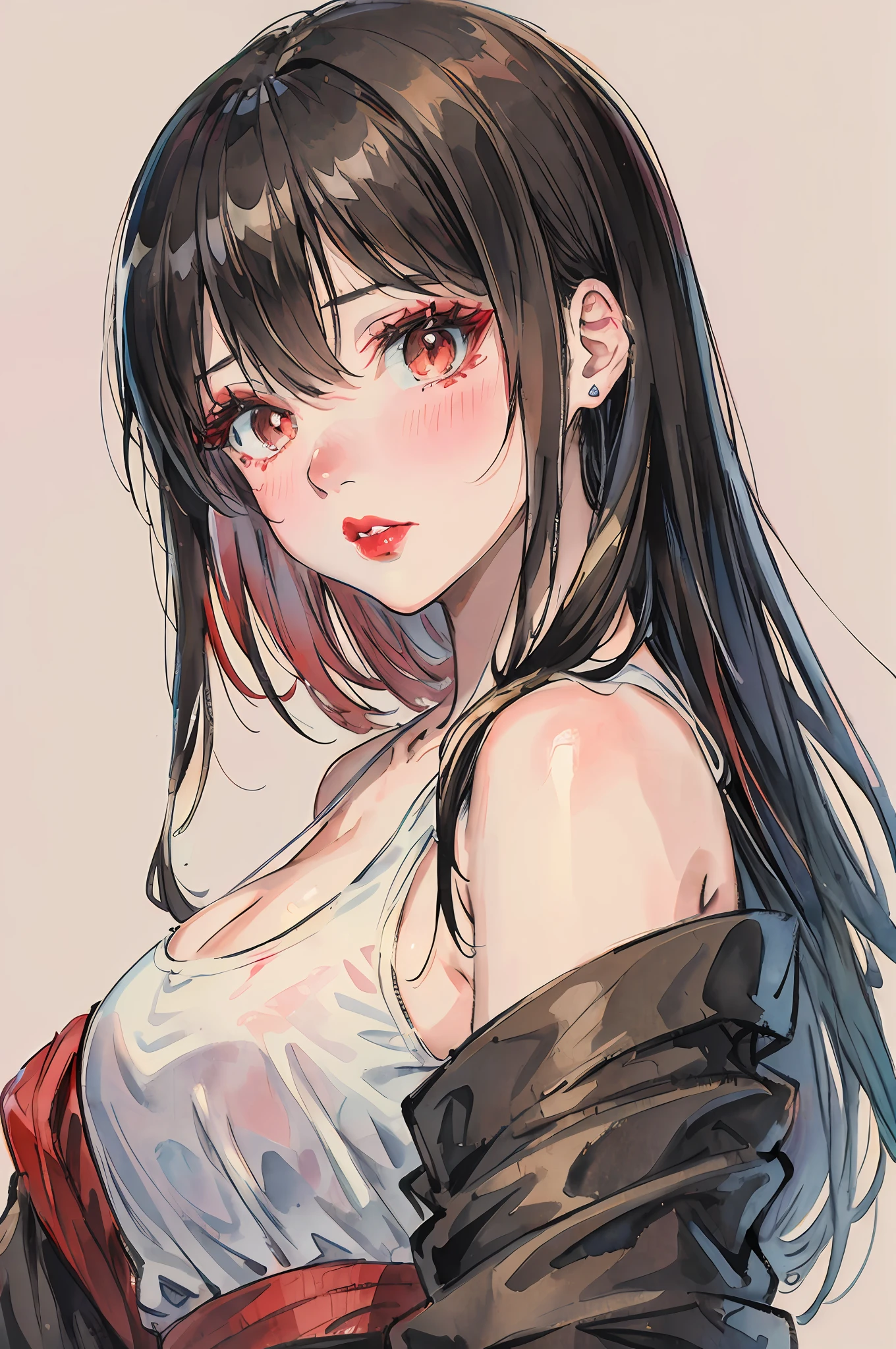 Anime style、illustratio、Watching from a distance、A dark-haired、watercolor paiting、One-Hong Makeup、Chaiborg、simple background、1 girl in、A dark-haired、(((Straight Hair 1.8)))、No bangs、Looking at the camera、facing front、beautiful countenance、de pele branca、Glossy skin、long and bunched lashes,、Eyeliner 1.6、Red Lip、Thick lip、Blush under the eyes、the head of the nose is red、Tank tops、Cheek cane pose、