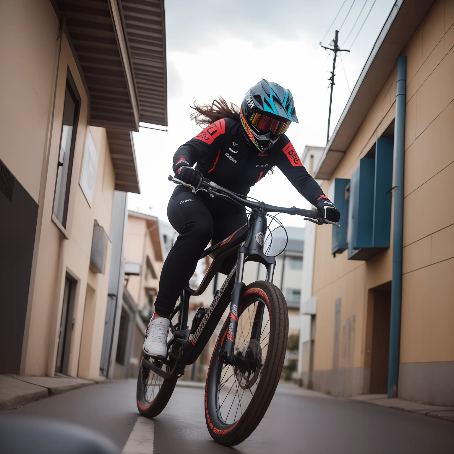 mulher arafed andando de bicicleta por uma rua em uma cidade, imagem de uma motociclista feminina, Action sports, ciclismo!!, foto de retrato, Motivacional, motociclista, capacete de bicicleta de montanha, andar de bicicleta, wide angle dynamic action shot, Tiro na Canon EOS R 5, Tiro na Canon EOS R5, tiro de comprimento total, action sports photography