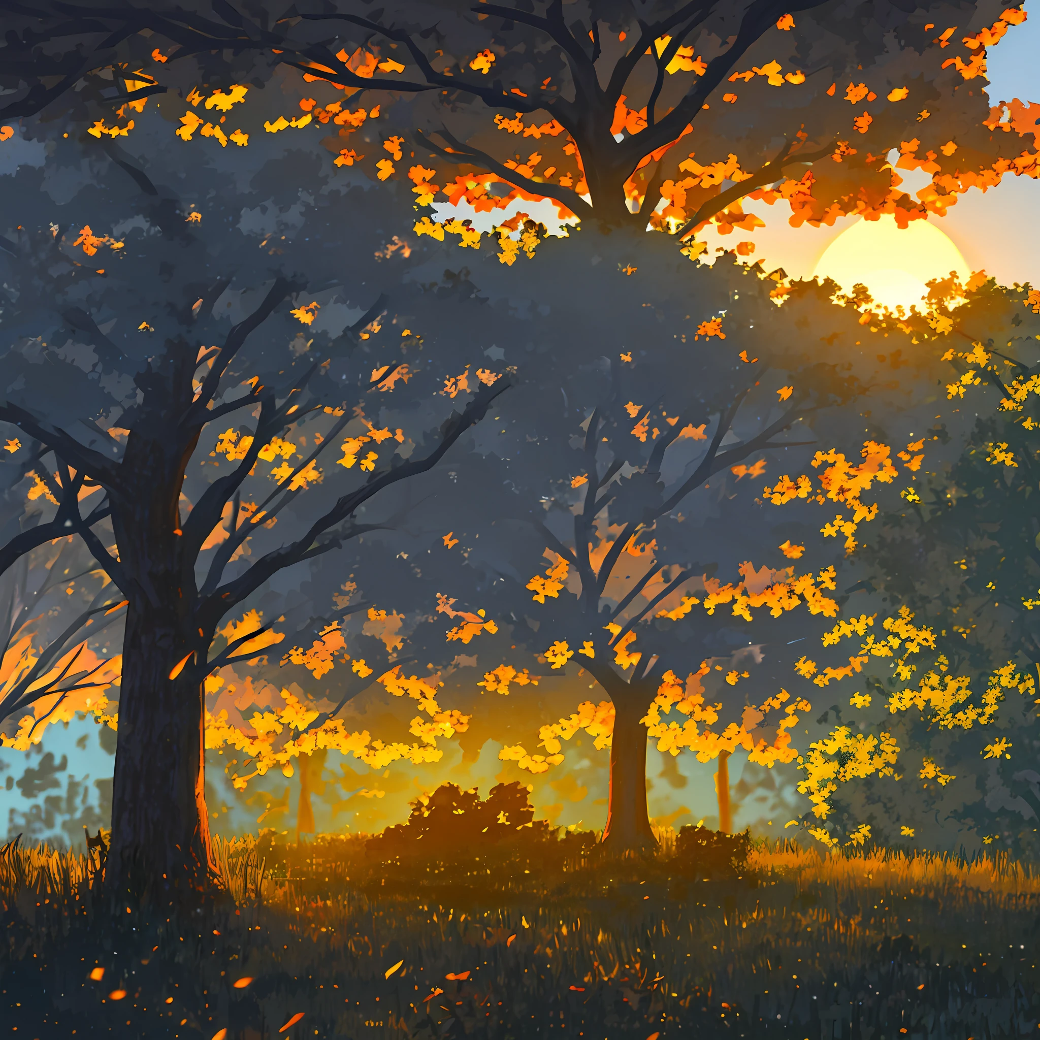 farms,the setting sun,big trees