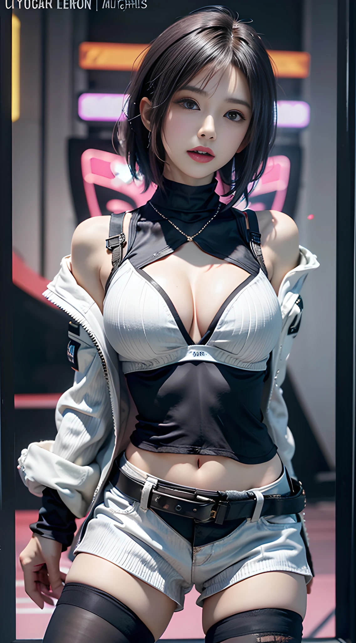 1girl huge large breasts, 独奏, cleavage of the breast, looking ath the viewer, lucy (cyberpunked), Short Hair Hair, naked shoulders, jaket, high leotard, Open clothes, Open jacket, By bangs, Exposed shoulder, upshorts, gray hairs, Parting lips, Large breasts, With gray eyes,Arms up，White shorts，long  sleeves，Cover the navel，thighghighs，White jacket，black leotard，high legs，Cropped jacket，Sleeveless turtleneck tights，upshorts，middlebreasts，blury，cow-boy shot，thighghighs，black thighigs，Thigh-high tights，Colored hair，High-neck tights，Hip vents，waist belt，Sleeveless，8K分辨率，The background is a cyberpunk neon city。