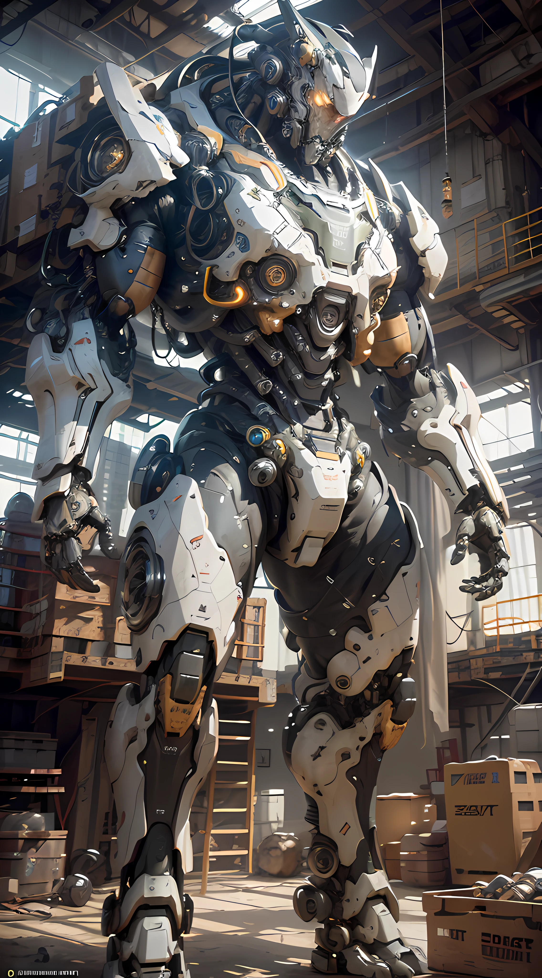 Photorealistic, Hyperrealistic, Hyperdetailed, masterpiece, best quality, 8k, natural lighting, soft lighting, sunlight, ultra wide shot (giant_robot manufactured, cutaway view of mechanical torso, glowing core, wires, mechenical parts, mechanical legs, mechenical arms:1.4) (indoor factory in background, platforms, trucks, construction indoor, no humans:1.3), HDR (High Dynamic Range), Ray Tracing, NVIDIA RTX, Super-Resolution, Unreal 5, Maximum Clarity And Sharpness, Multi-Layered Textures , Maximum Clarity And Sharpness, Multi-Layered Textures,