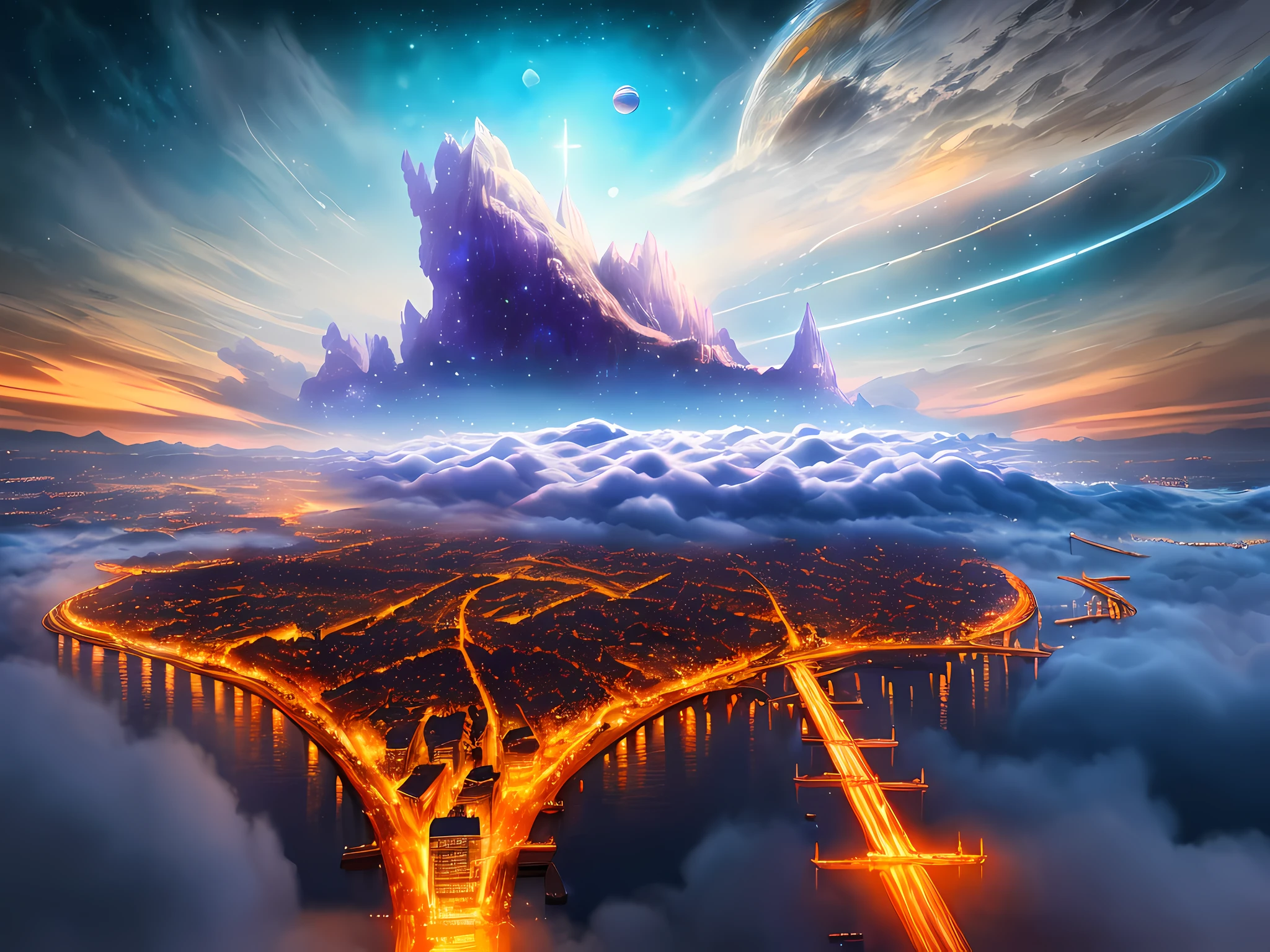 ((master piece)), best quality, (8k, best quality, masterpiece:1.2), An ethereal fantasy City floating in the sky, surrounded bly clouds, planets in the sky, purple rays in the sky