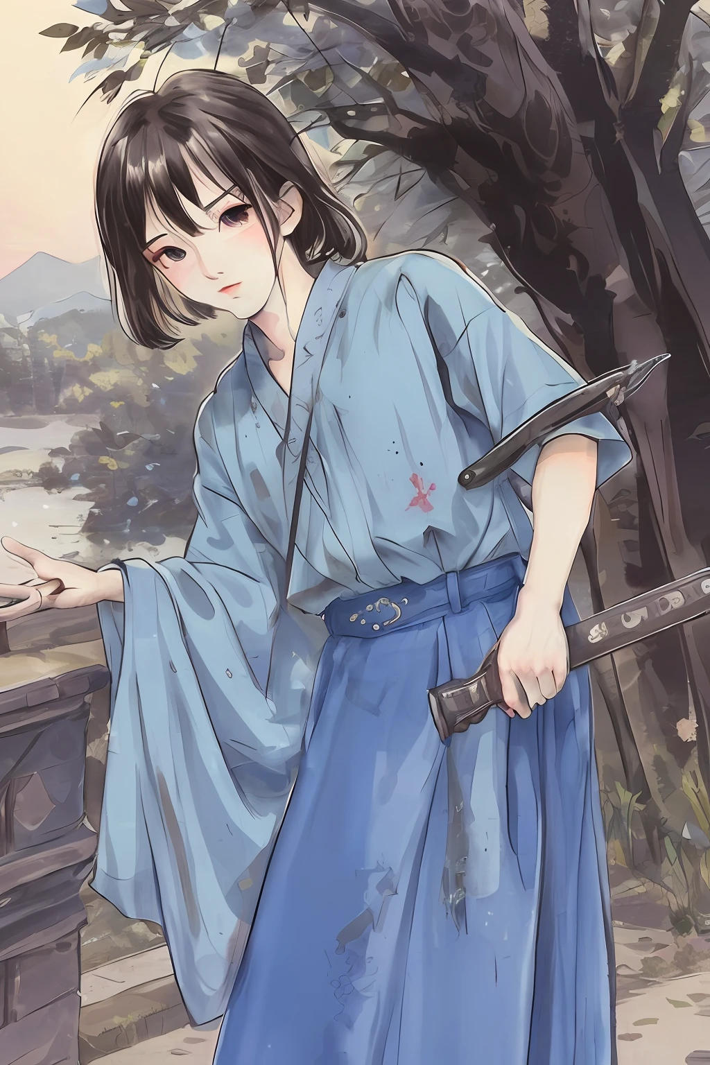 A young ancient Chinese youth,Wearing a blue shirt,With stains of blood, there is a long sword on his waist。His eyes were tired but clear and firm。He leaned back against a tree,In the distance is dusk and sunset,There are some fallen leaves on the ground。