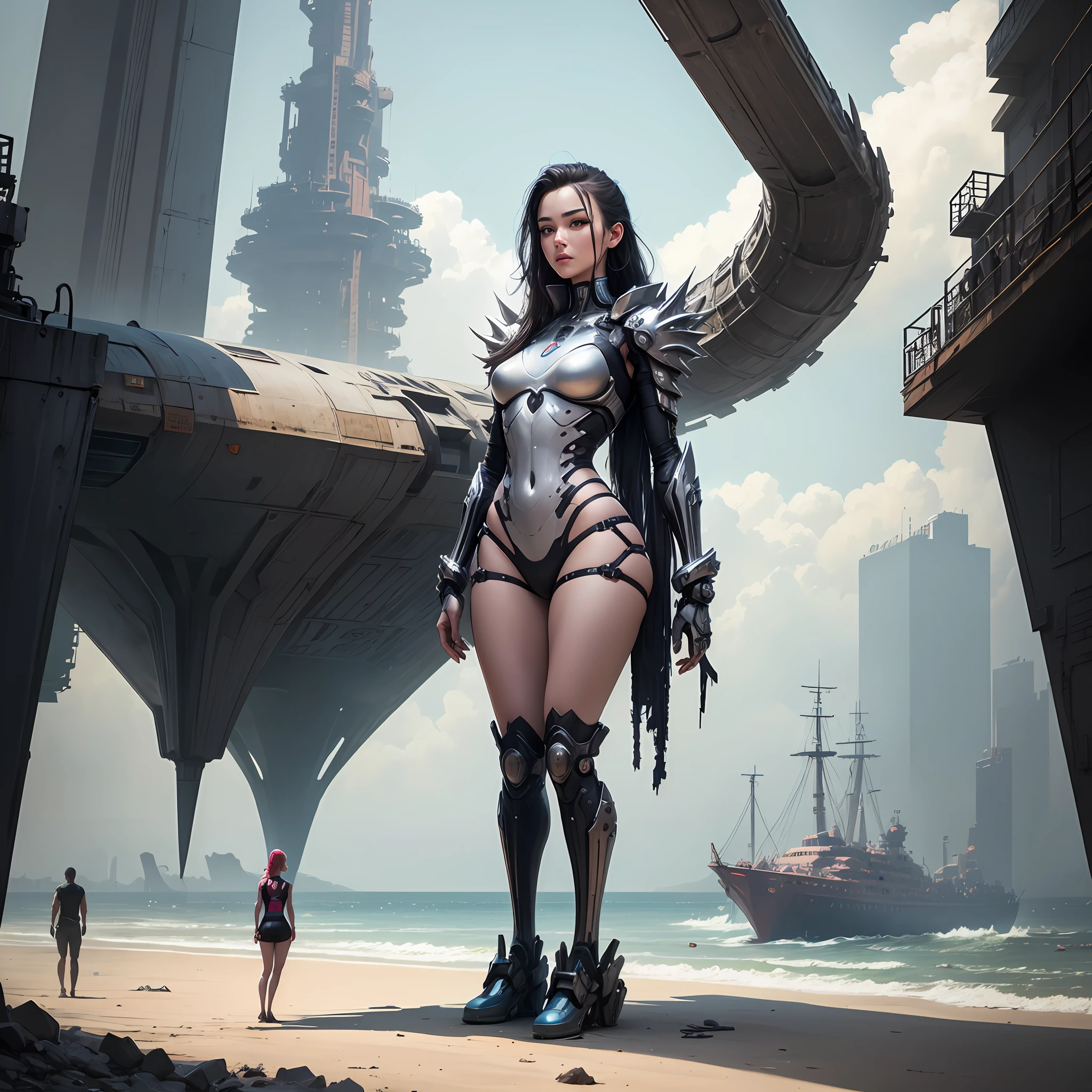 Best quality, delicate face, 25-year-old girl, slim body, body made of metal, small bust, metal structural skeleton, seaside, standing posture, beach, huge spaceship floating in the air, cyberpunk, sci-fi --auto