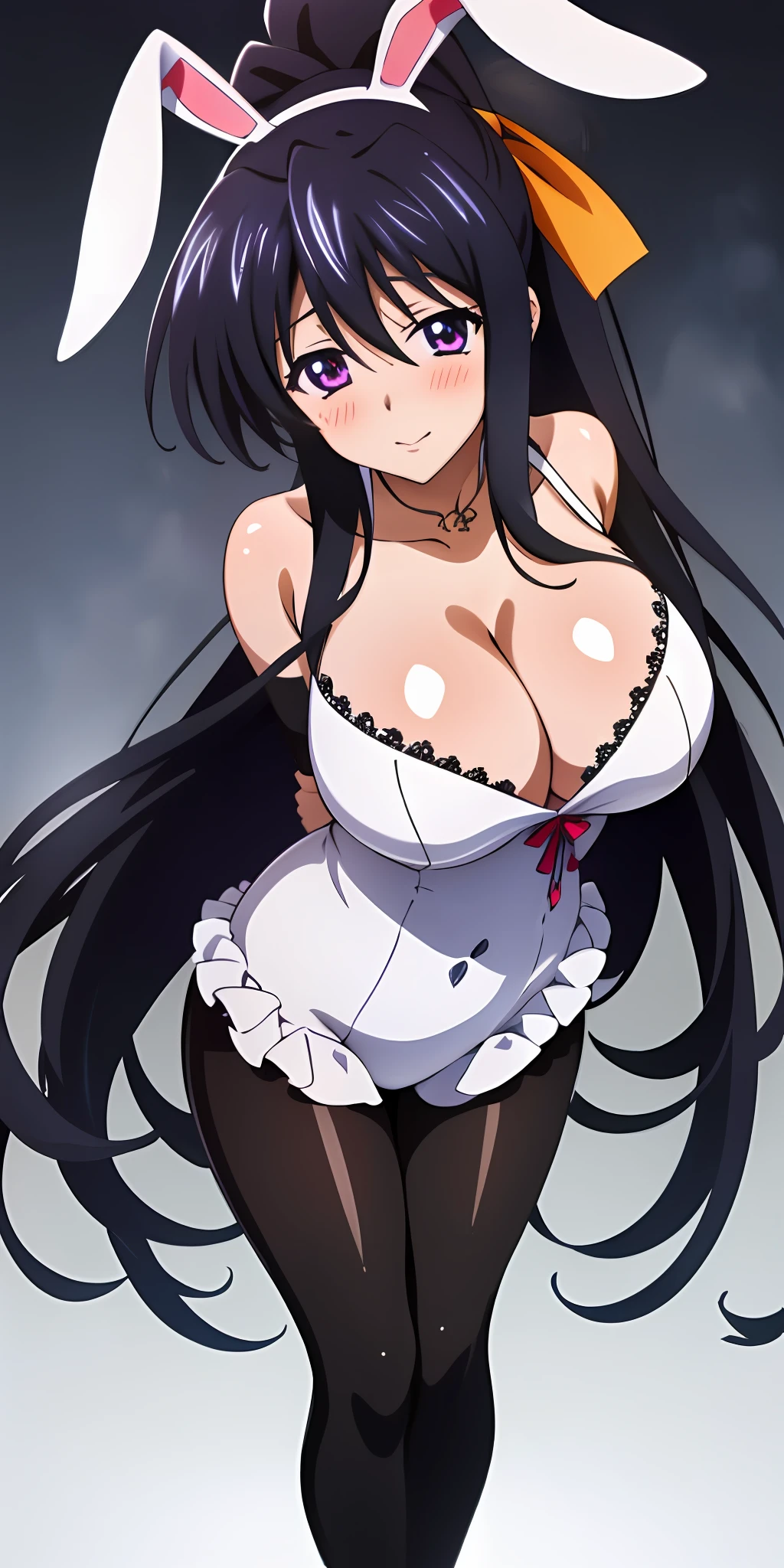 (Best quality:1.3), himejima akeno, black long hair, large breasts, bunnysuit, pantyhose, cleavage, standing, (pov)