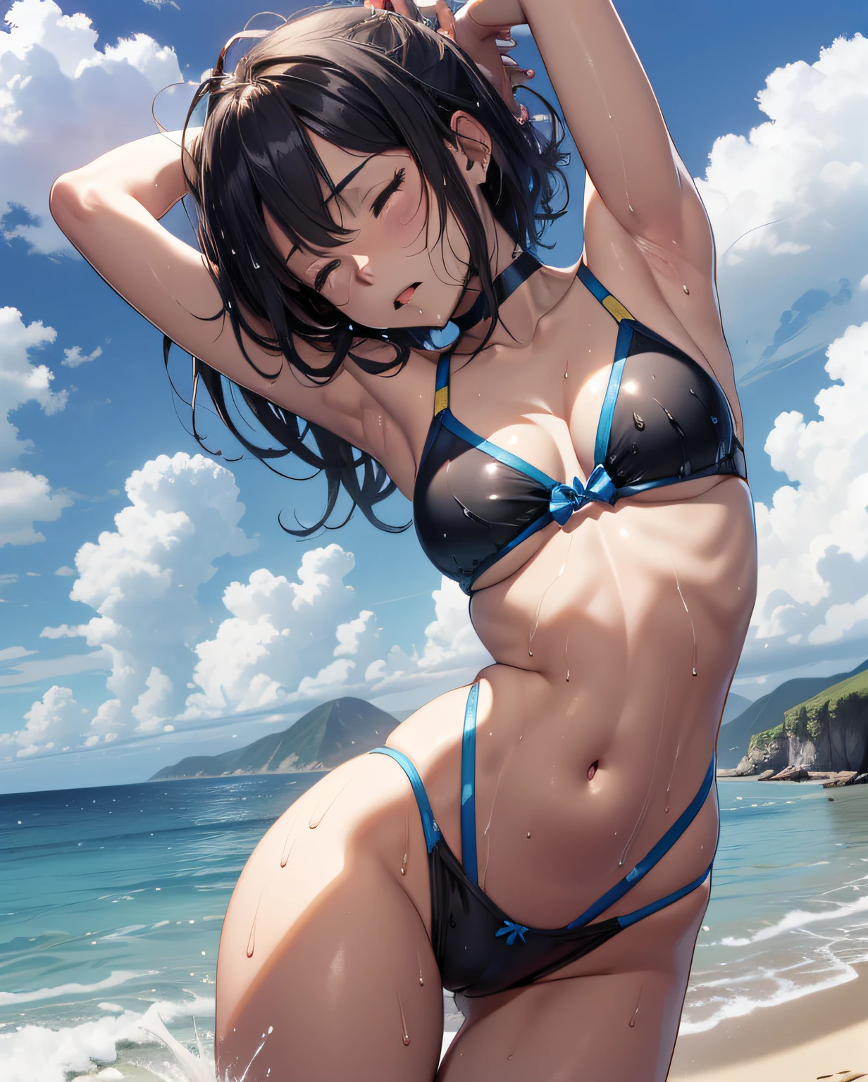 (High definition CGUnity 8k wallpaper), masutepiece, High resolution, Full body, 15 years old, tanned beautiful girl, beautiful beach volleyball player, Short black hair, misaligned micro bikini, finely drawn pretty face, Shiny skin, Small breasts, free pose, with erect crotch, huge erect, holding with hand, in front of everyone, abdomen wet with, Shame, Futanari, androgynous, pain, Close eyes, droolng, Saliva, seaside, Resort, white clouds, Blue sky