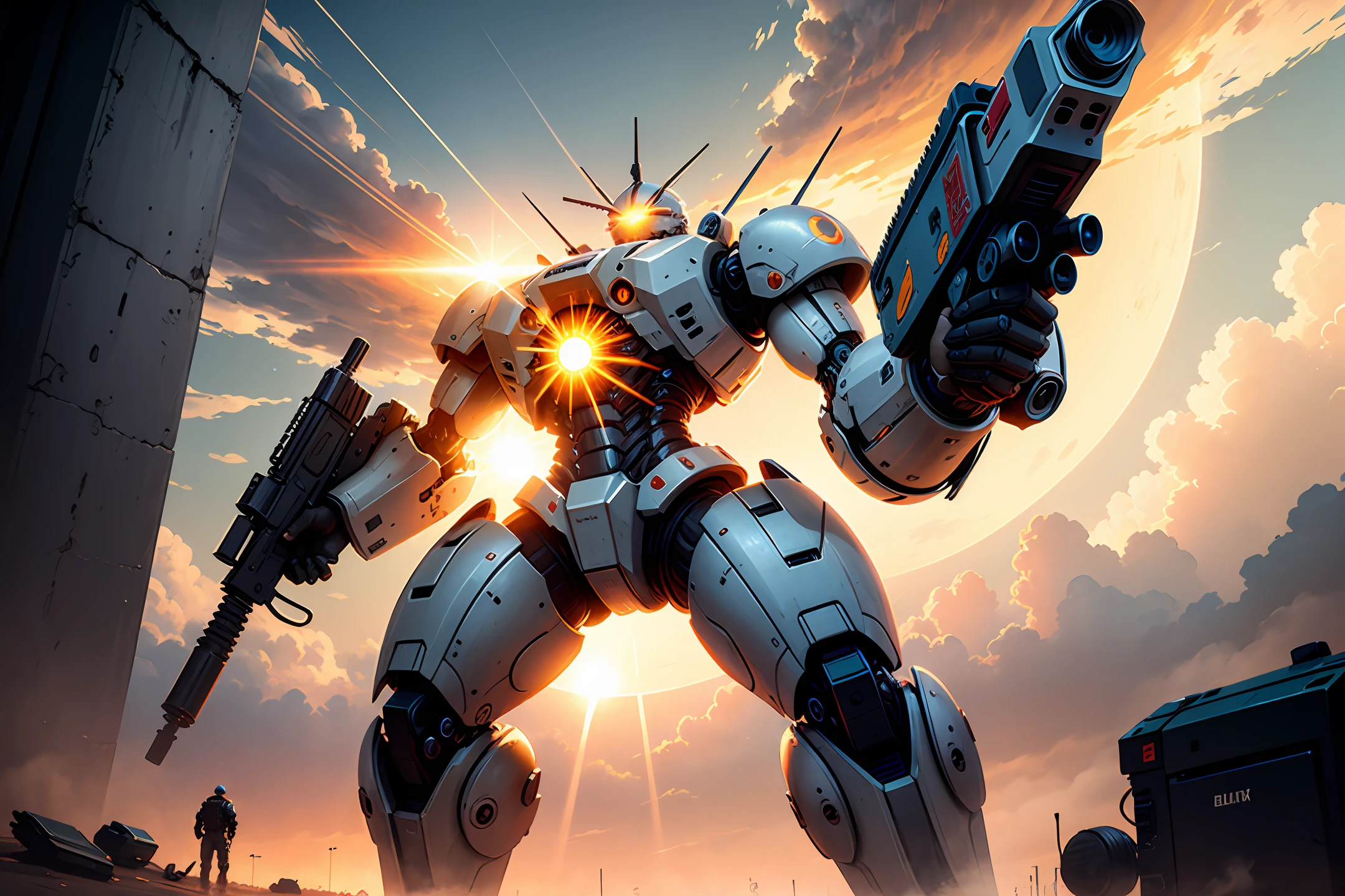 Mecha Huge Gun in hand Set against the background of a giant sun Sky 4K masterpiece Sci-Fi Cool Cyberpunk