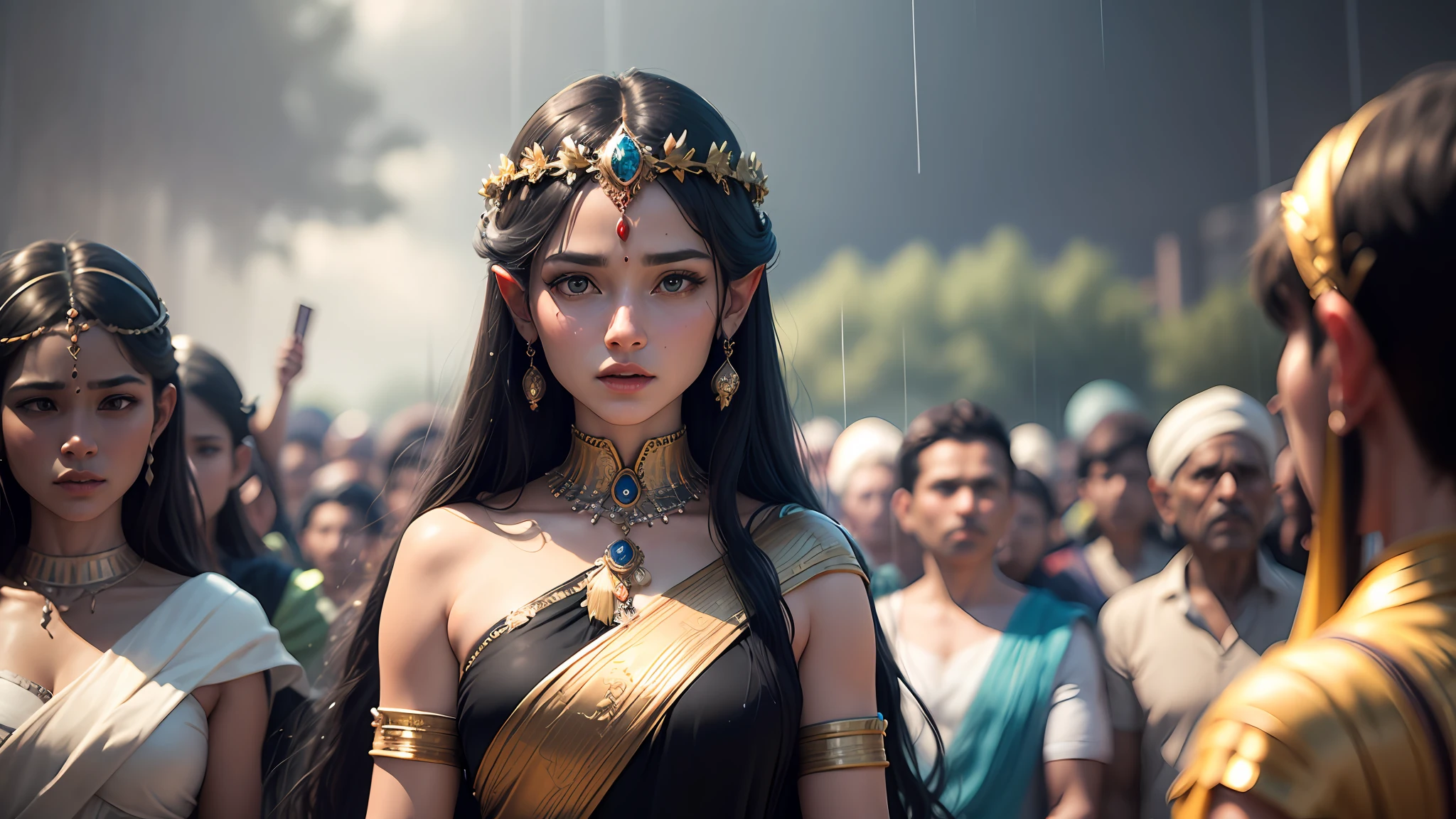 8k ultra realistic many crowd royal indian fairys , there are all is fairys, a fairy world , there are all indian fairys with all black hair there are raining, rain there , very heavy rain
