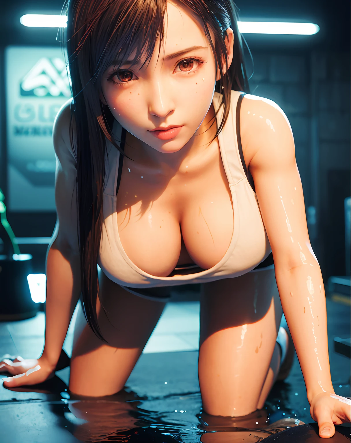 (4K,realistic,highres,masterpiece:1.2),((cinematic lumination)),deep depth of field,charming face,bloom,gloom,large breasts,(smiling:0.6),ff7r style,
a young girl, solo,looking at the viewer, white skin, ((slim,fit)), ((wet skin, sweat)), full body , skin,