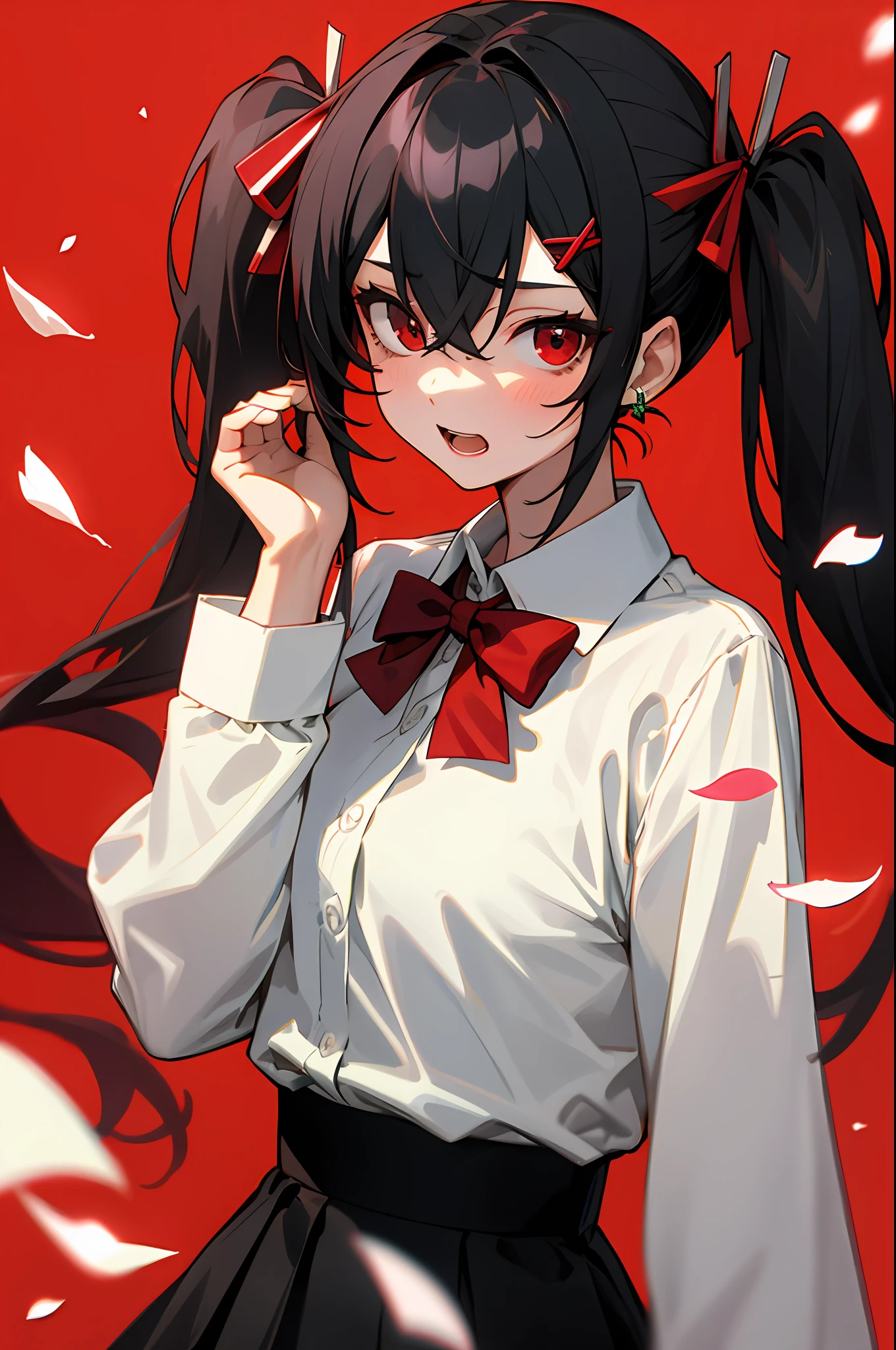 (masterpiece, best quality),a girl, solo, twintails, shirt, skirt, petals, bowtie, earrings, jewelry, bangs, black hair, hair ornament, hair ribbon, red ribbon, red eyes, long hair, open mouth, white shirt, multicolored hair, black skirt, red hair, long sleeves, pink bowtie, hair between eyes, looking at viewer, collared shirt, upper body, hand up, falling petals, depth of field, strong bloom, red background