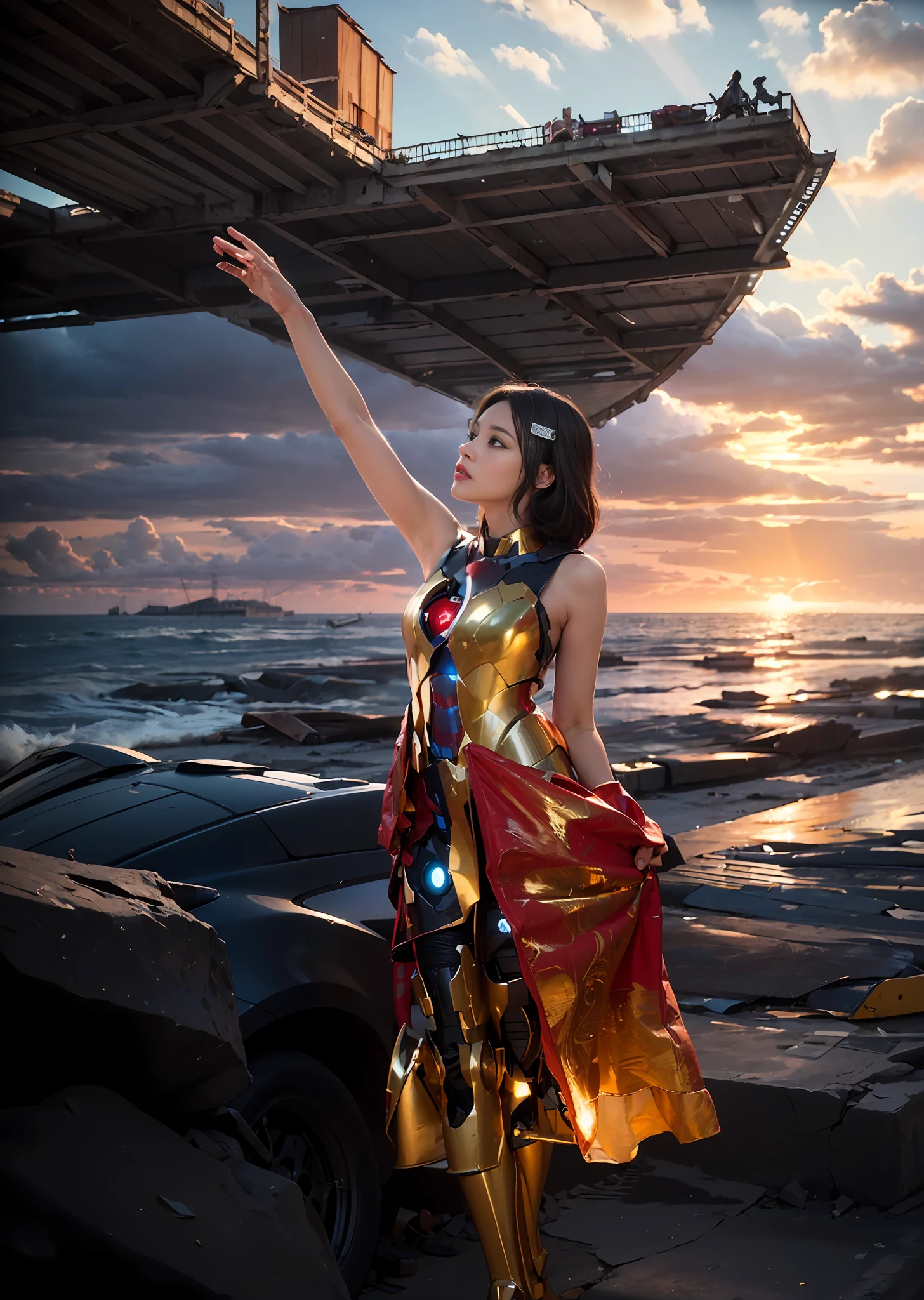 RAW, Masterpiece, Ultra Fine Photo,, Best Quality, Ultra High Resolution, Photorealistic, Sunlight, Full Body Portrait, Stunningly Beautiful,, Dynamic Poses, Delicate Face, Vibrant Eyes, (Side View) , she is wearing a futuristic Iron Man mech, red and gold color scheme, highly detailed abandoned warehouse background, detailed face, detailed and complex busy background, messy, gorgeous, milky white, high detailed skin, realistic skin details, visible pores , sharp focus, volumetric fog, 8k uhd, dslr camera, high quality, film grain, fair skin, photorealism, lomography, sprawling metropolis in futuristic dystopia, view from below, translucent