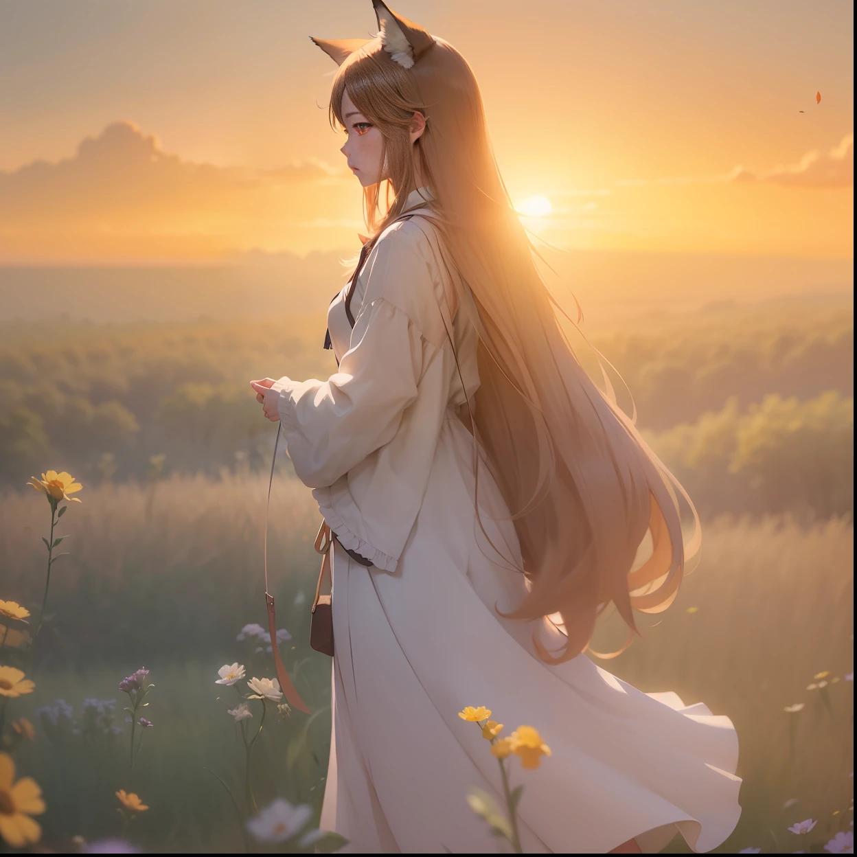 anime girl with long hair standing in a field of flowers,Fox ears,Blurred characters:1.6,daytime ethereal anime, ethereal anime, anime beautiful peace scene, beautiful anime scenes, By Makoto Shinkai, By Makoto Shinkai, Beautiful anime, Atmospheric anime, beautiful fantasy anime, rendering by octane. By Makoto Shinkai, Anime. By Makoto Shinkai, Guviz-style artwork --auto