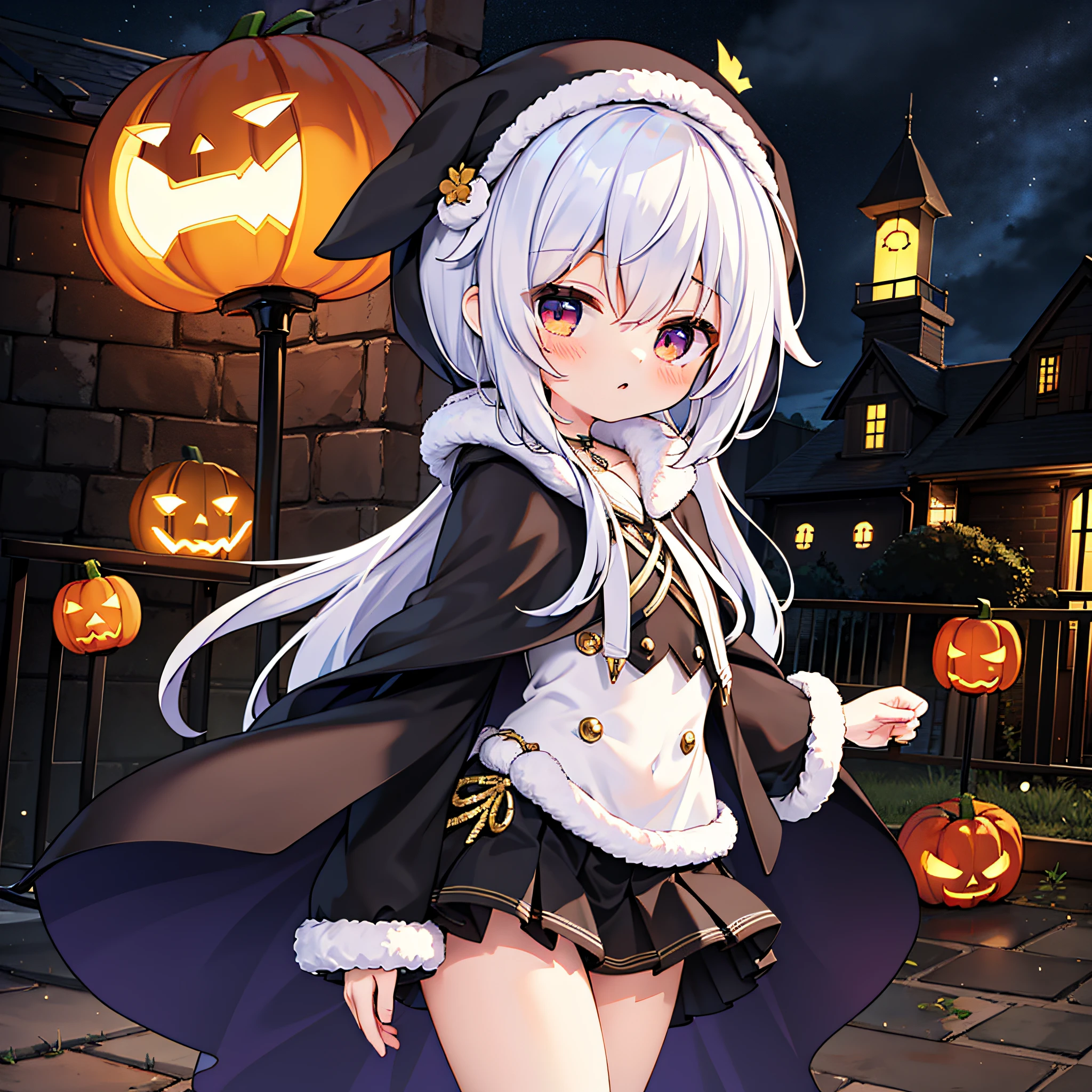 masterpiece,best quality,ultra-detailed,
1girl,solo,kyouka,cute,(li:1.5),walking,full shot,straight on,ᗜ ‸ ᗜ,short stature,in front of haunted house,halloween,black capelet,black dress,black skirt,fur-trimmed hood,fur-trimmed capelet,fur-trimmed dress,hooded capelet,fur-trimmed skirt,fur-trimmed sleeves,hood up,long sleeves,wide sleeves,yellow bow,
pumpkin lantern,night,