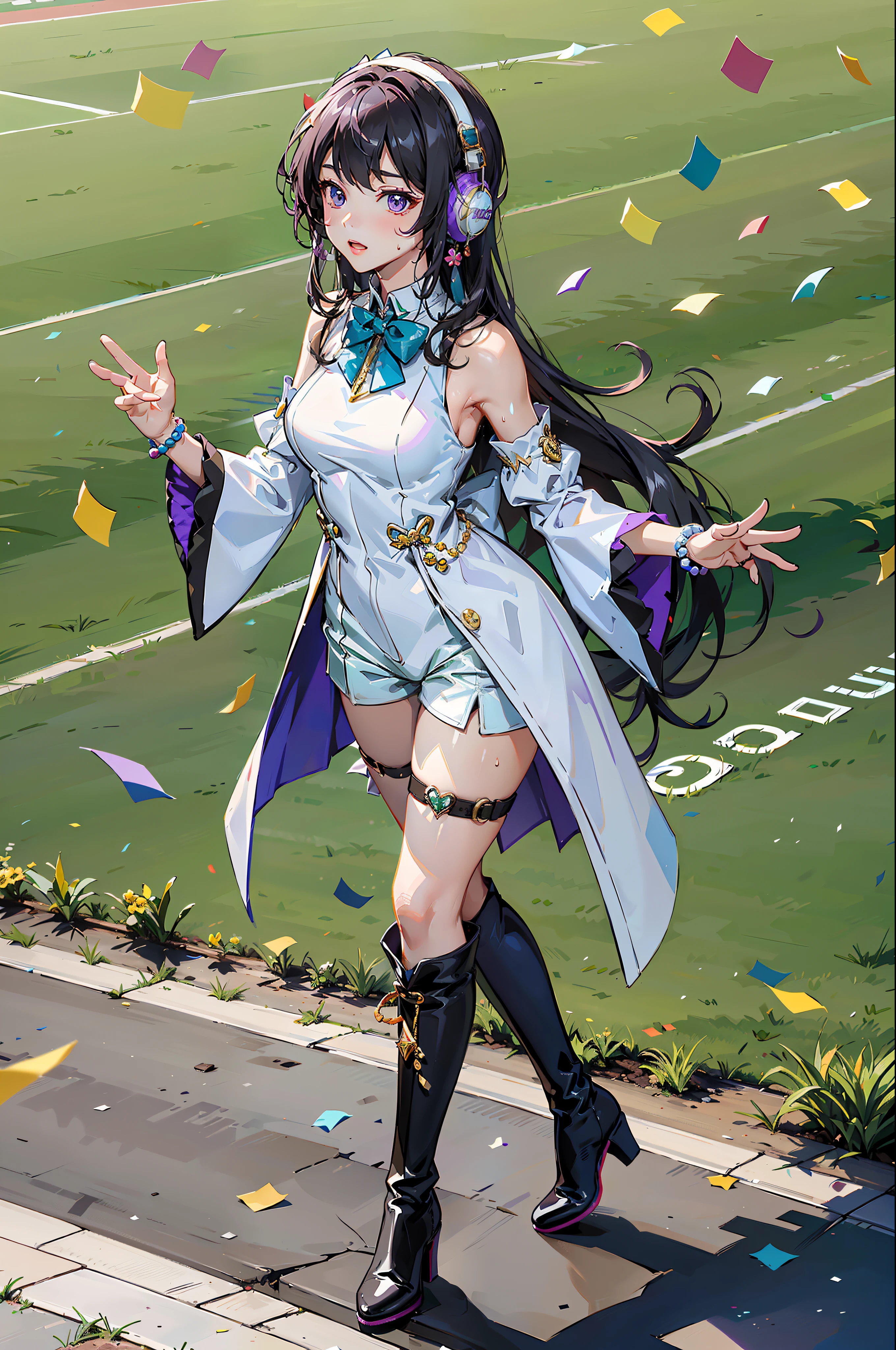 The masterpiece-level Narita circuit is combined with grass and a stadium。Colorful confetti spilled，The figure is standing，Beads of sweat，Hands raised are moving。Photographic overlook，Wear earmuffs，Hair accessories brooch embellishment，Wearing a sleeveless white dress，Paired with long purple sleeves, split sleeves，White bow at neck，The glove shape is different，The mismatch of black and white gloves makes the shoulders hollow and fluffy，Dress underneath shorts and versatile thigh straps, paired with knee-length boots and purple shoes，Unique。