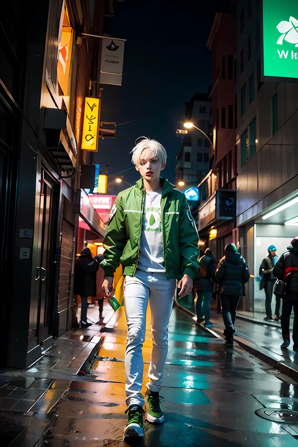 Post-apocalyptic, white-haired boy, with a green and yellow jacket, a headband with white letters, light blue eyes, white pants with green clovers, in a futuristic city at night