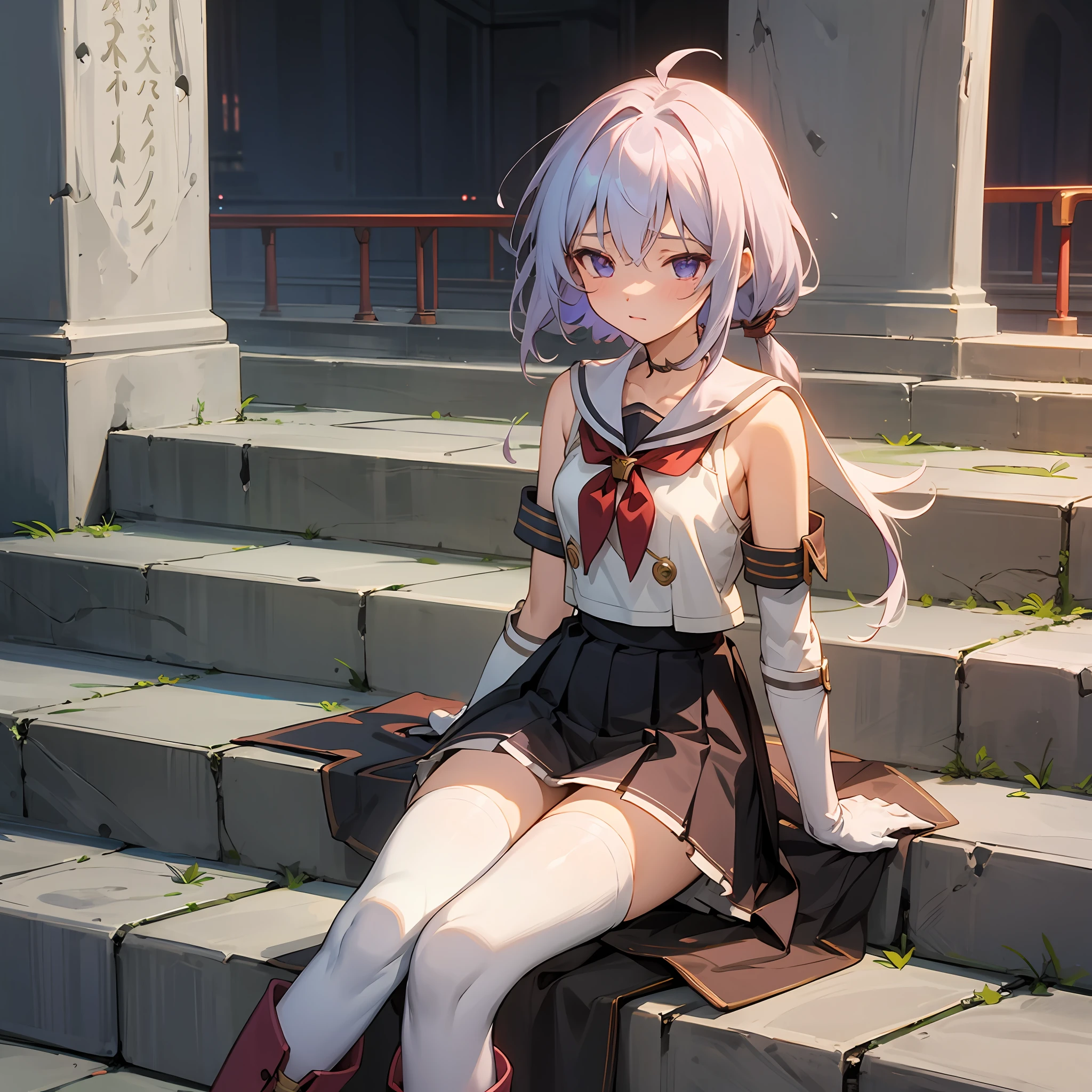 realisticlying,超高分辨率,Best picture quality,tmasterpiece,Extremely delicate girl,a purple eye,looking at viewert,slender leg,Be red in the face,is shy,((Sailor collar,Short top), upskirt with, pleatedskirt, High pants, Striped stockings, and elbow gloves, Boots, Crotch view, The focus is on the thighs)), (ulzang-6500-v1.1:0.66),