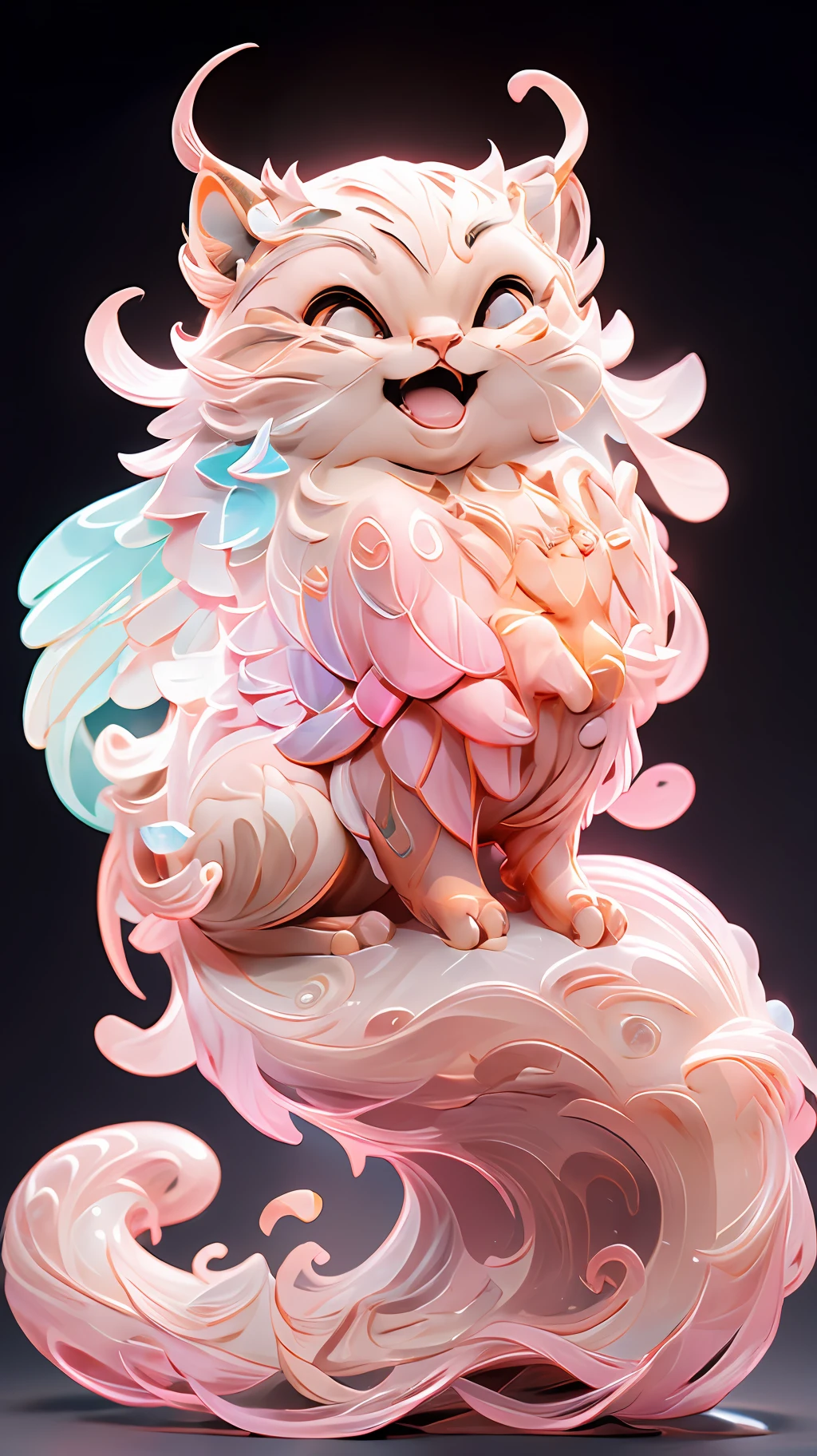 in the shape of a cat,Bling background,Dreamy colors,Transparent statue,florals,Big eyes,In pink,Open-mouthed,laughingly,tmasterpiece,(best qualtiy:1.3), full bodyesbian,Ling_Long