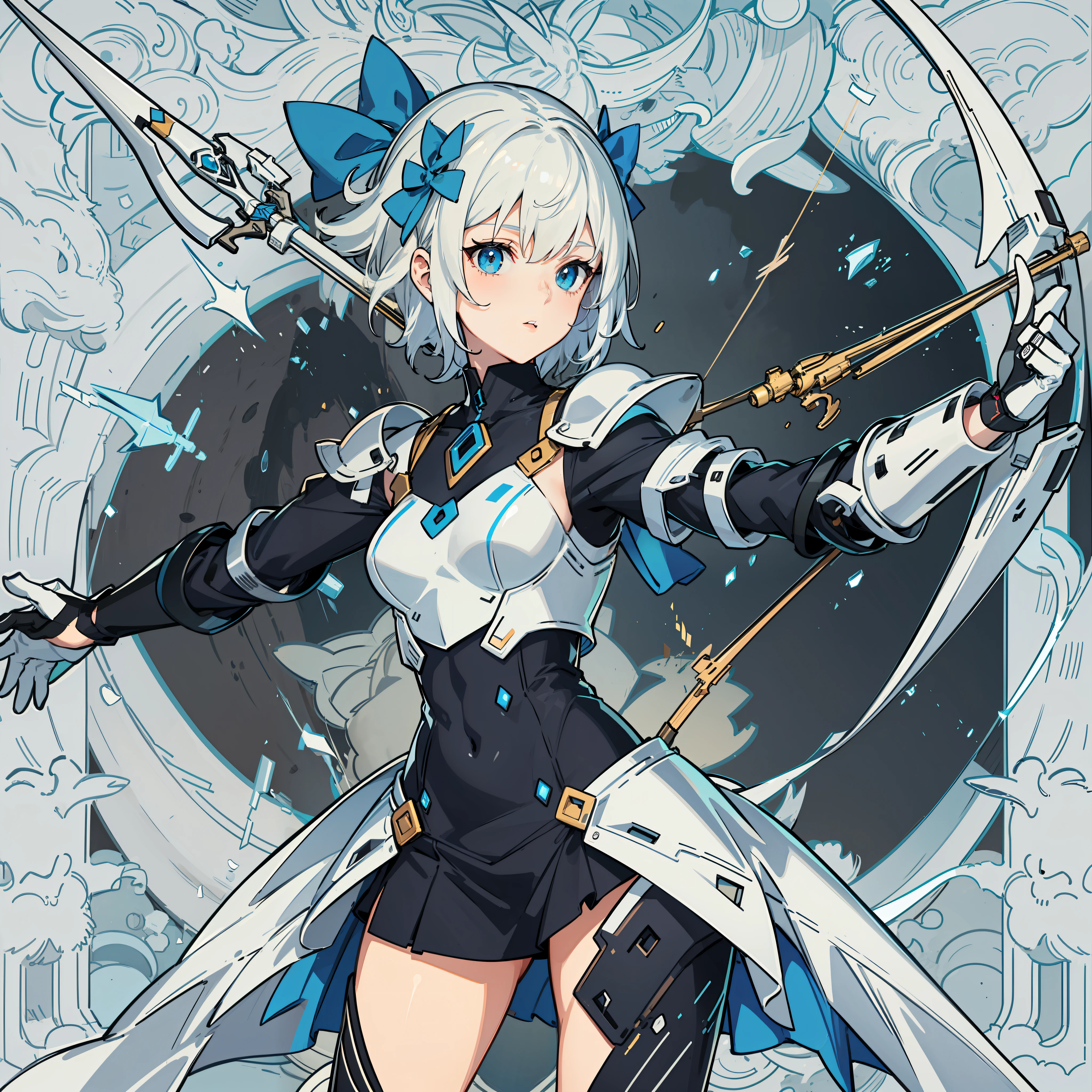 A girl with short white hair wearing mechanical armor and holding a bow and arrow，legs focus