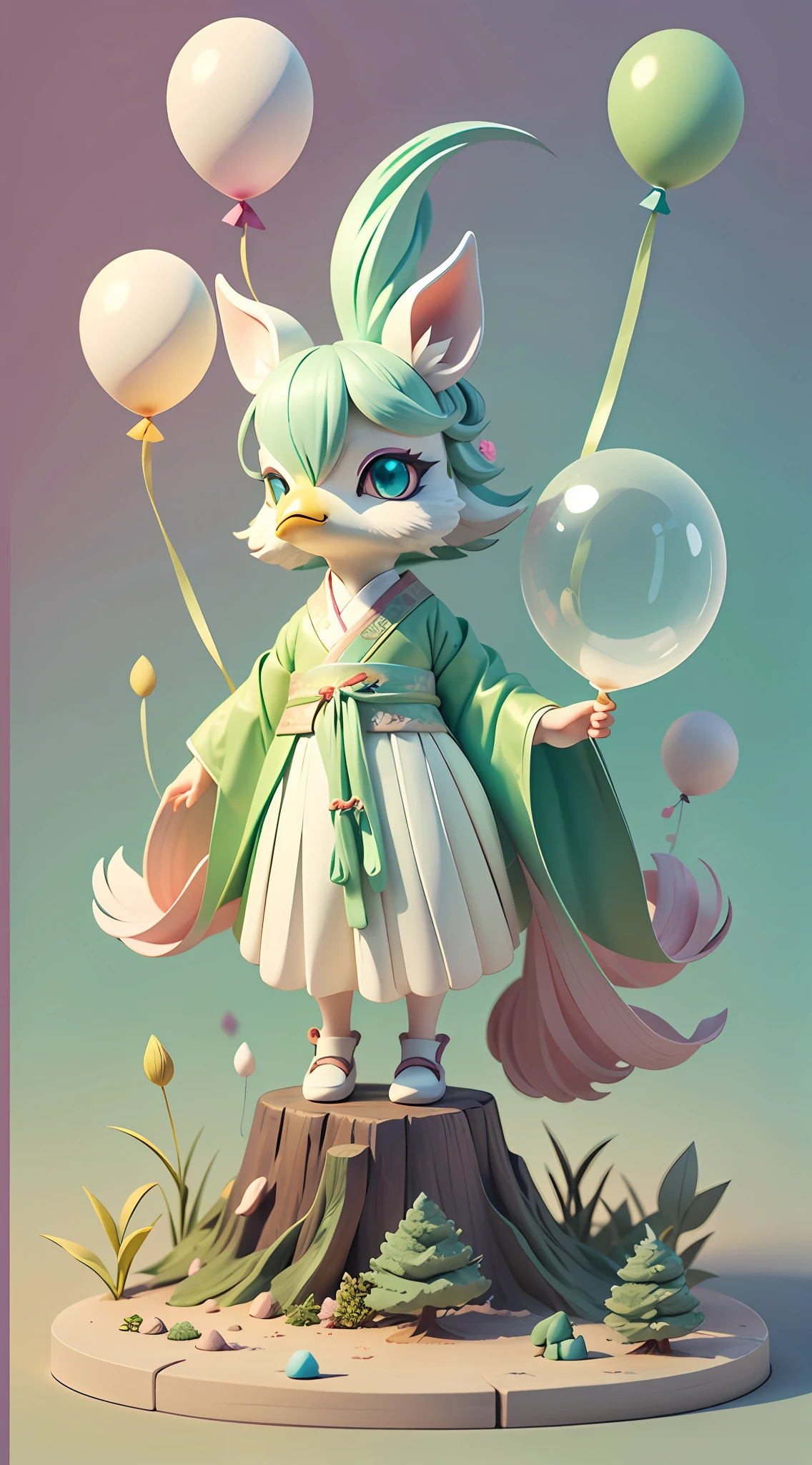 anthro rooster,heal,wearing a hanfu,Winged ears on the head, fluffly, featheredwings,gradient pink ((best qualtiy)), ((tmasterpiece)), ( extremedetailed, highest details, offcial art, Beauty and artistic aesthetics:1.2), Composition full body,(tchibi),(Beautiful and delicate eyes:1.3),(Light mint green and gradient white),Popmart blind box,Clay texture,(Heart-shaped transparent balloon,Clouds decorate background)