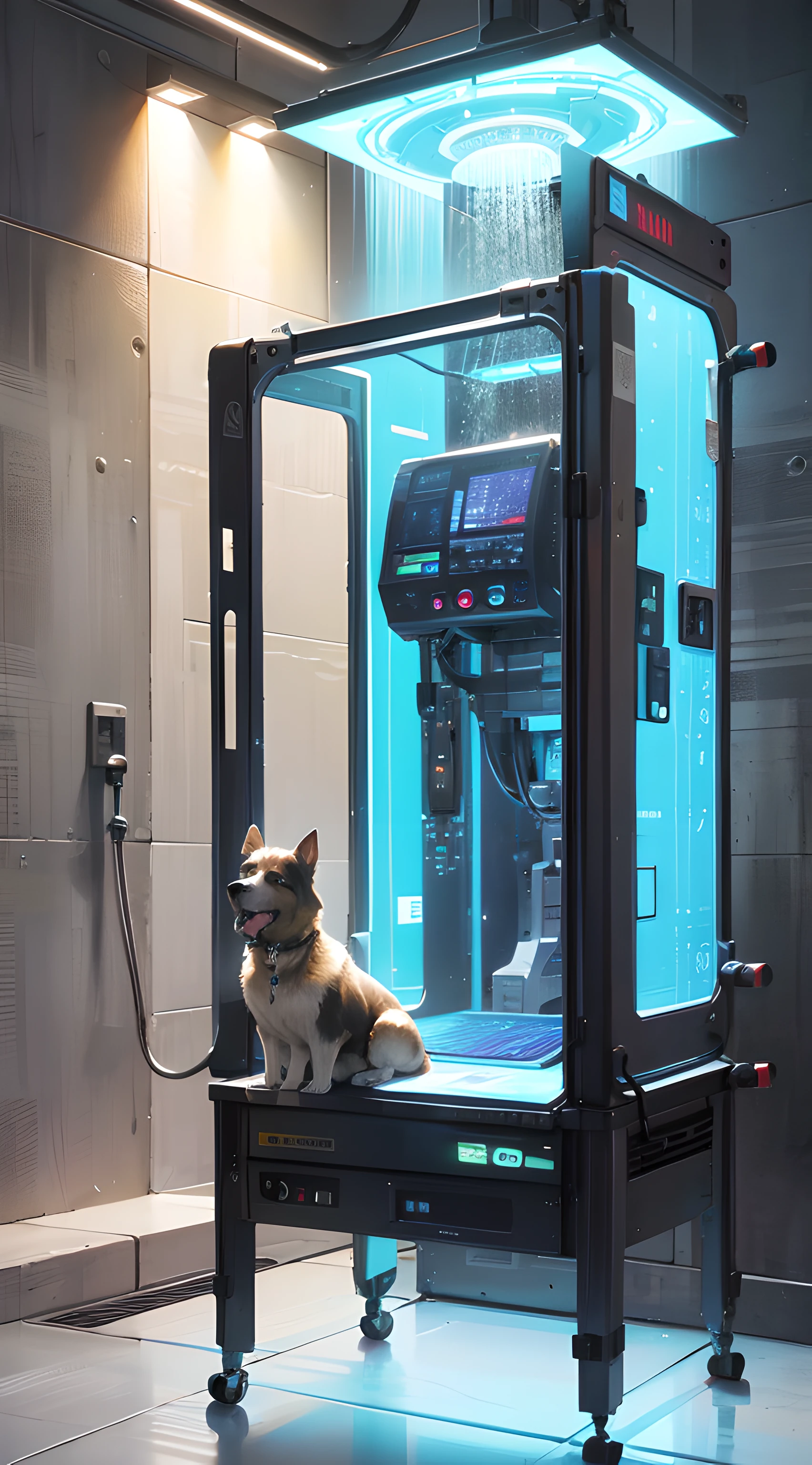 Create futuristic real image of 2 teleporter machines side by side, In the first a German shepherd dog is fading molecularly and is looking translucent , In the other teleporter machine it is regenerated molecularly and appears among a shower of light-colored rays. , minimalista en todos los detalles luz y nitidez profesional --auto
