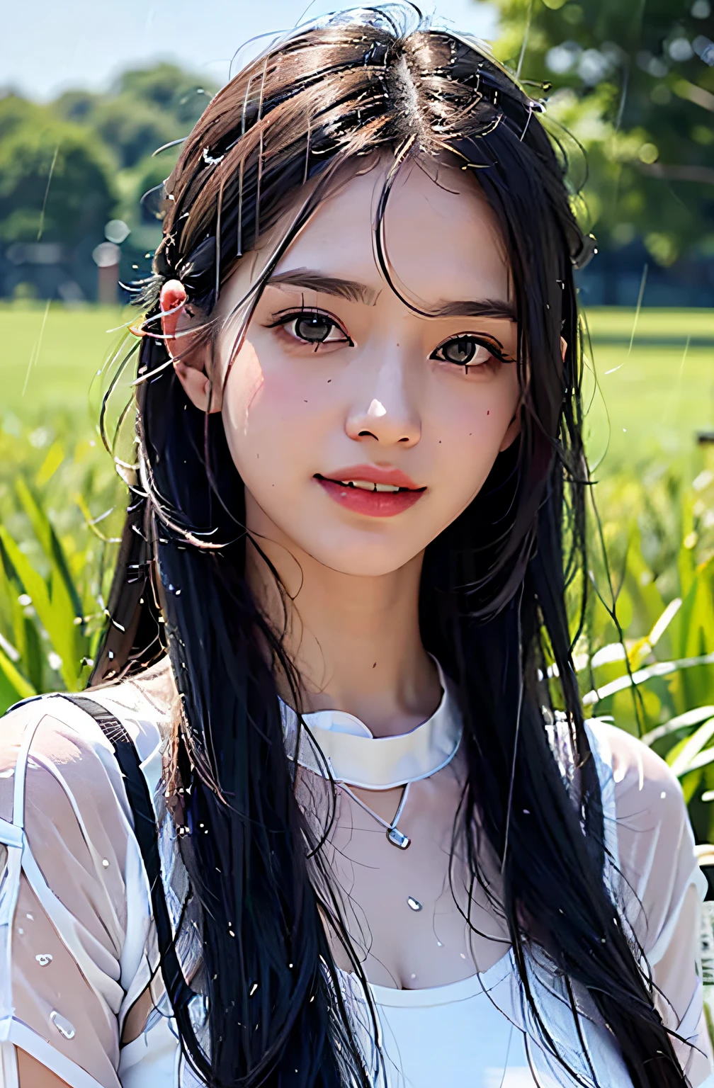 best qualtiy、masterpiece、photoRealstic、intricate-detail、Raw foto、Photon Rendering、Octane Rendering、absurderes、ultra-detailliert、A detailed face、Detailed skin、Trending in art stations、8K Masterpiece、lighting like a movie、( (1girl in))、((独奏) ))、((Behold))、CG Social Trends、Plastic En、((Black Long Hair))、((Beautuful Women))、(A smile)、show the grinps、Upper teeth、Fashionable、summer clothing、Hair that flutters in the wind、((Flowing hair))、fashion magazine、(A sexy)、((lighting like a movie))、((grass field))、((a heavy rain))、((stormy))、((Wet with rain))、((wetted skin))、((wetting hair))、((Wet clothes))、((Drenched))、((Clothes are see-through))、