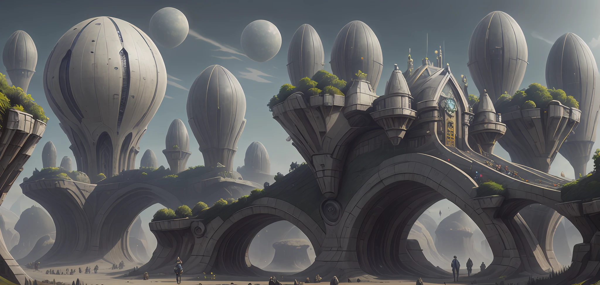 Stylized concept art, stunning arcanum backdrop, fantastic screenshot art, ultra wide gameplay screenshot, gigantic landscape!, lush alien landscape, colorful concept art, alien forest in background, made of tree and fantasy valley, epic landscapes, epic environment, Flying Island in the Sky, background artwork,Magnificent castle,Huge spaceship,cyber-punk