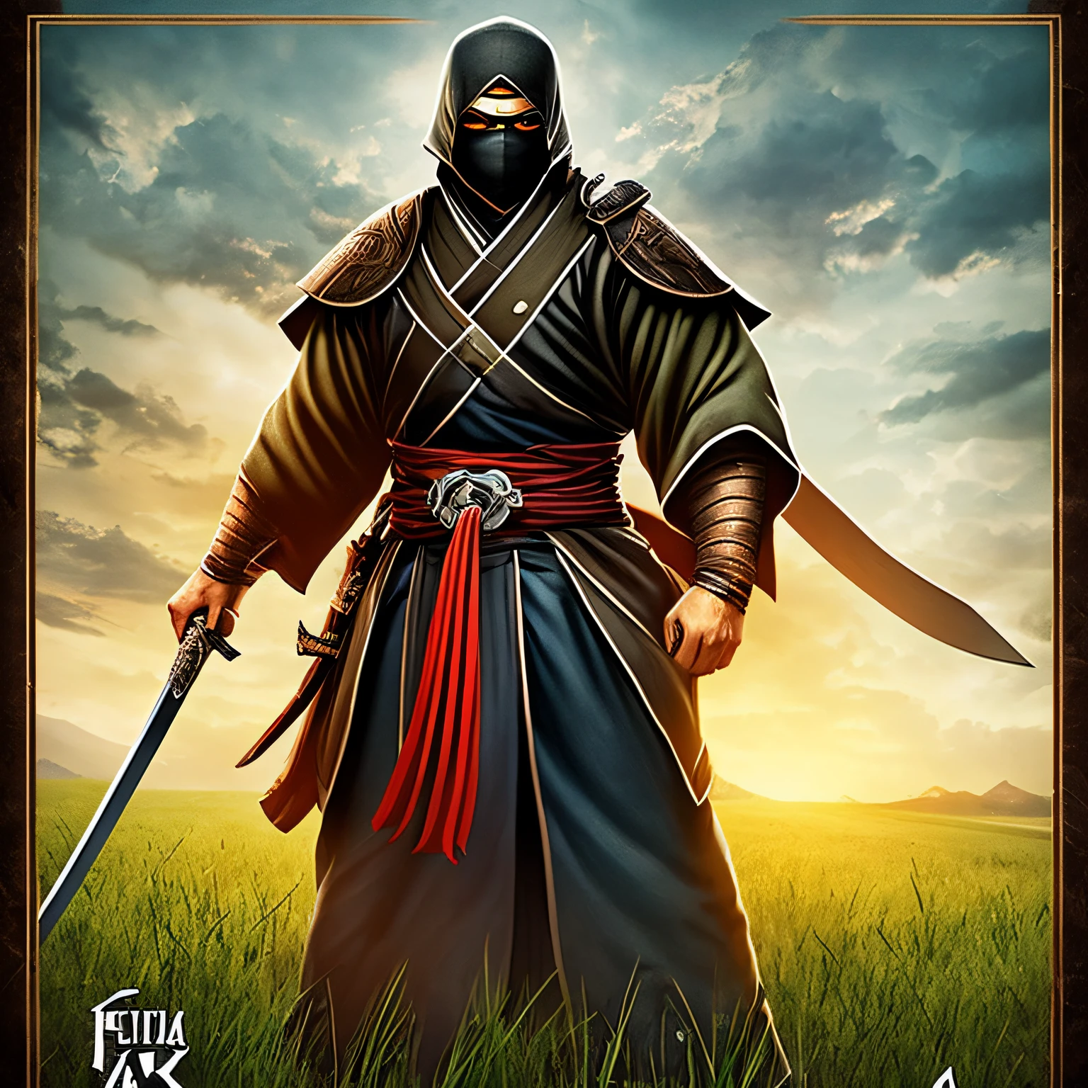 a ninja from feudal Japan holding a Katana sword, Ancient Japan setting, ruas antigas, chuvoso, Ninja Urbano, hymn game inspiration, Epic image, Era, inspirado no ESAO, protetor de tela impressionante, Grass blade, sombra suave, ian callum, love of wisdom, clean graphic design, Directed by: Ruud Janssen, awesome character --auto