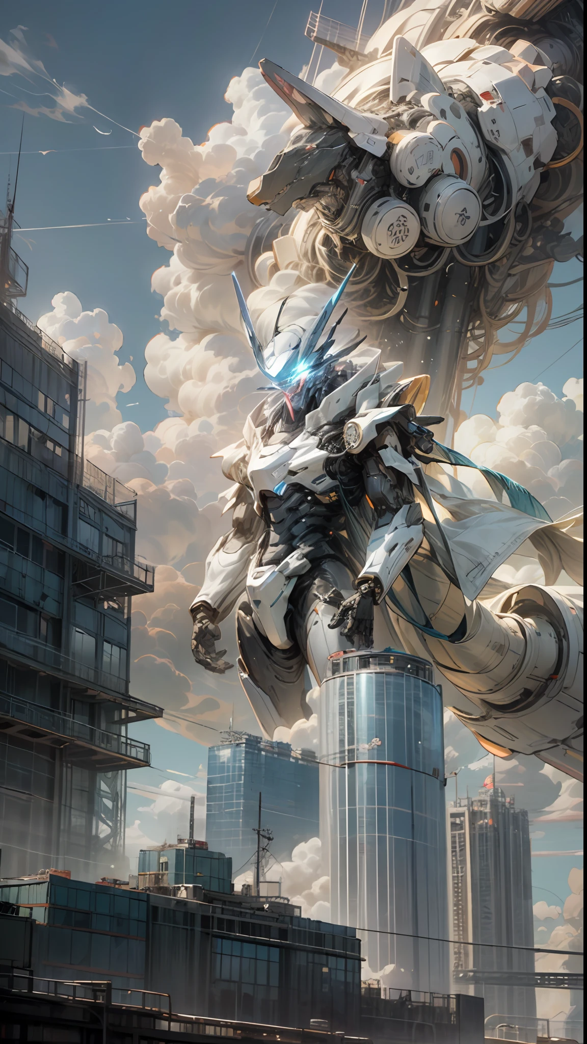 There are amazing clouds floating in the sky,A robot with a weapon stands alone in a city without humans。The building and surrounding glow add a fantastical touch to this science fiction-like scene。