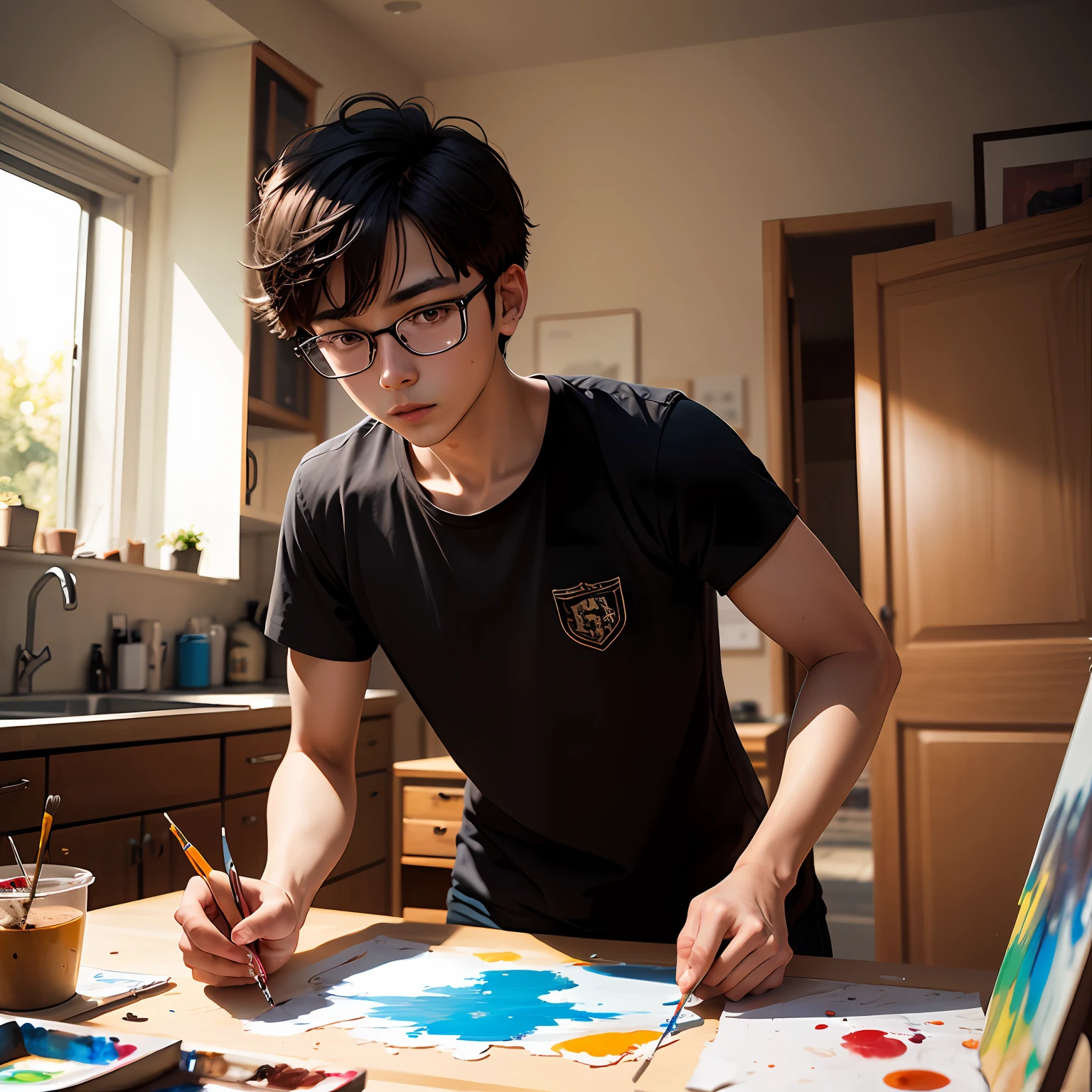 schoolboy，23years old，Flat-rimmed glasses，self-assured，earnestly，Black Shirt，Painting creation，The shirt has red accents，In a rental house，There is sun shine --auto