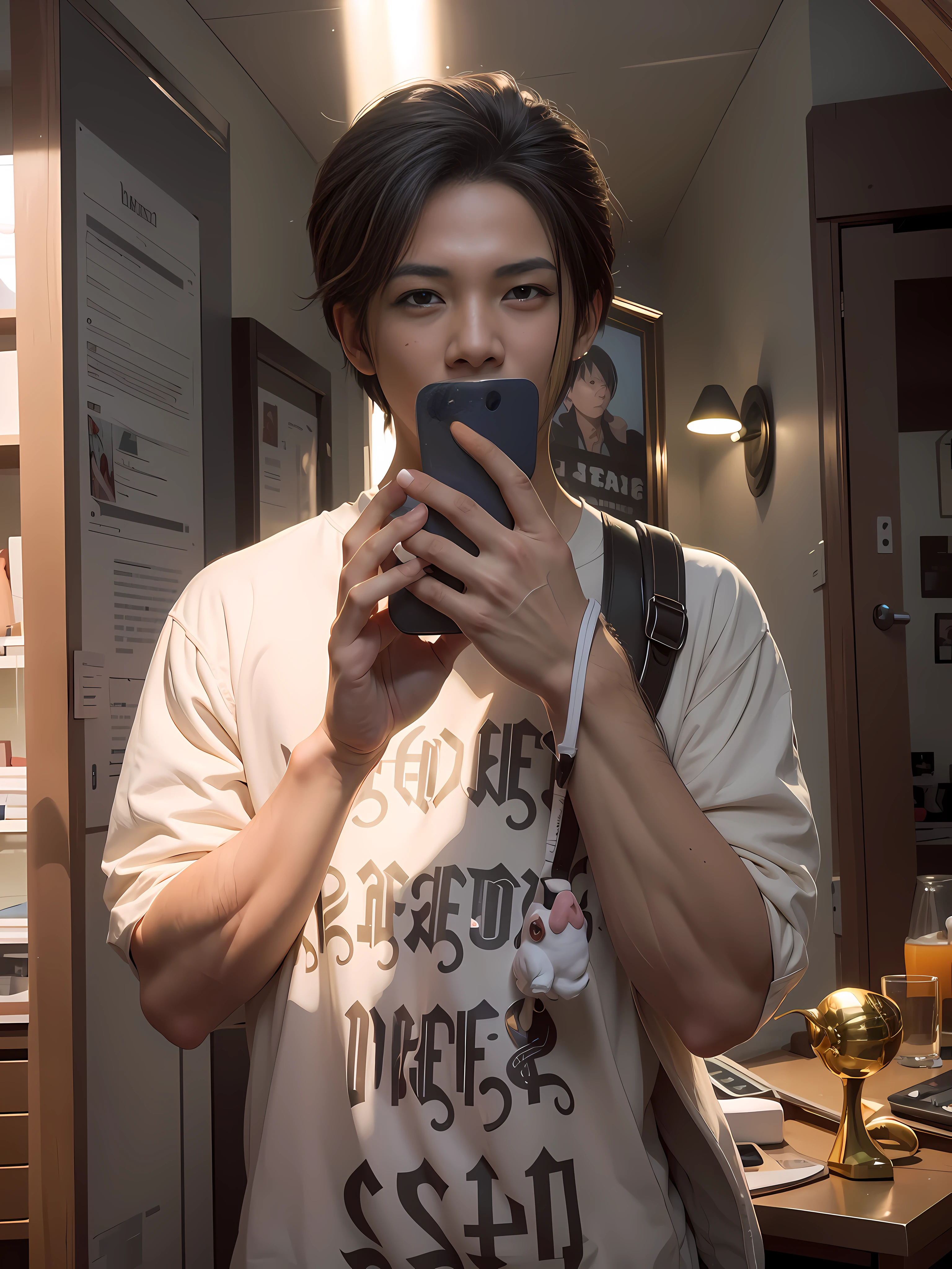 there is a man that is taking a picture of himself in the mirror, Realistic anime 3 D style, ross tran style, hyper realistic anime, Ross Tran 8 K, 3 d anime realistic, style of hajime isayama, Guviz-style artwork, ross tran and bayard wu, highly detailed character, Photorealistic anime, Photorealistic art style，The arm line is not pronounced