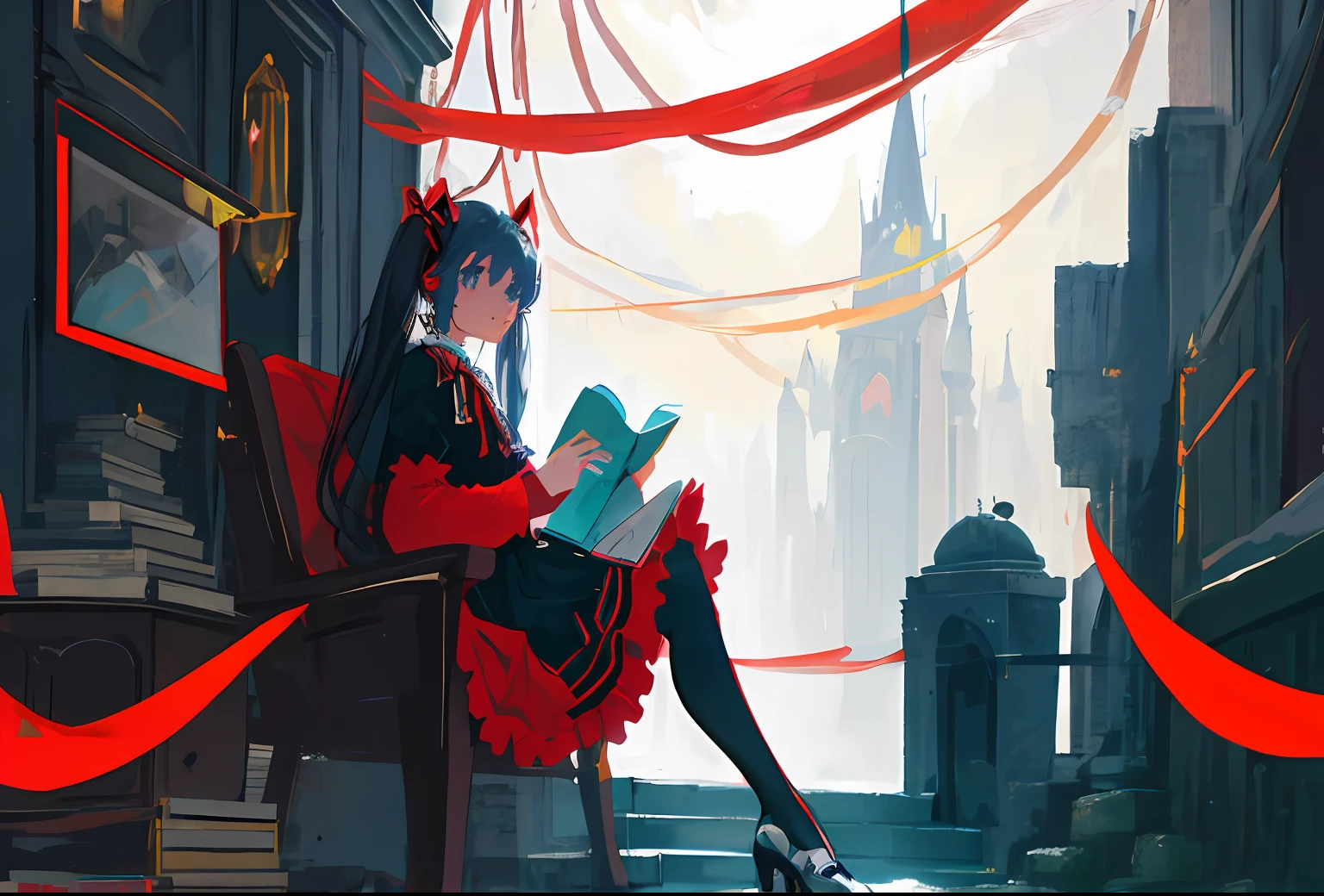 Hatsune Miku sits outside the castle in a long black dress