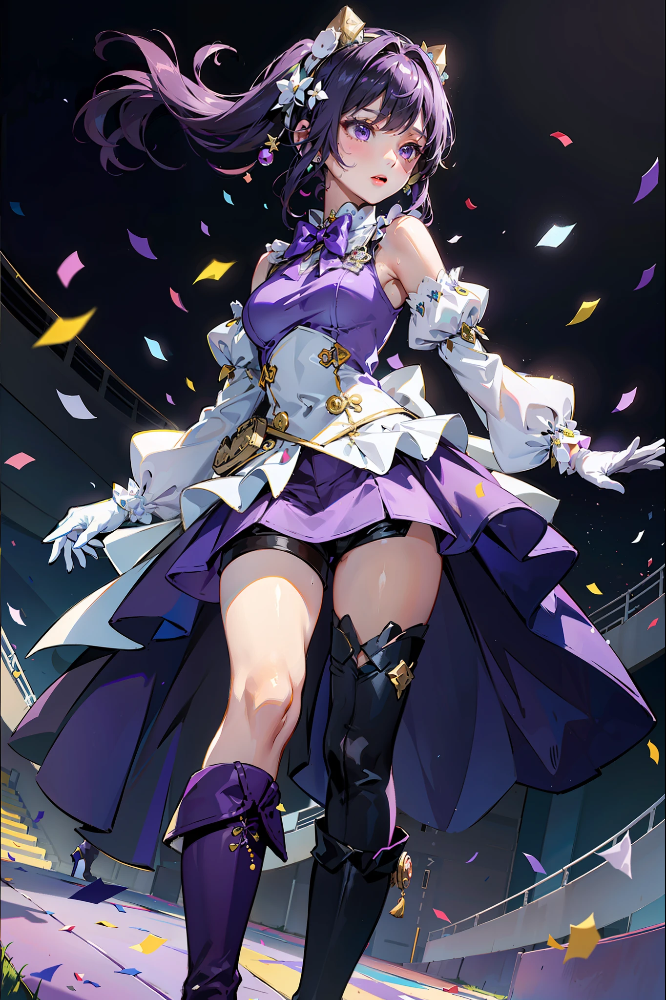 The masterpiece-level Narita circuit is combined with grass and a stadium。Colorful confetti spilled,The figure is standing,Beads of sweat,Hands raised are moving。Photographic overlook,Wear earmuffs,Hair accessories brooch embellishment,Wearing a sleeveless white dress,Paired with long purple sleeves, split sleeves,White bow at neck,The glove shape is different,The mismatch of black and white gloves makes the shoulders hollow and fluffy,Dress underneath shorts and versatile thigh straps, paired with knee-length boots and purple shoes,Unique。