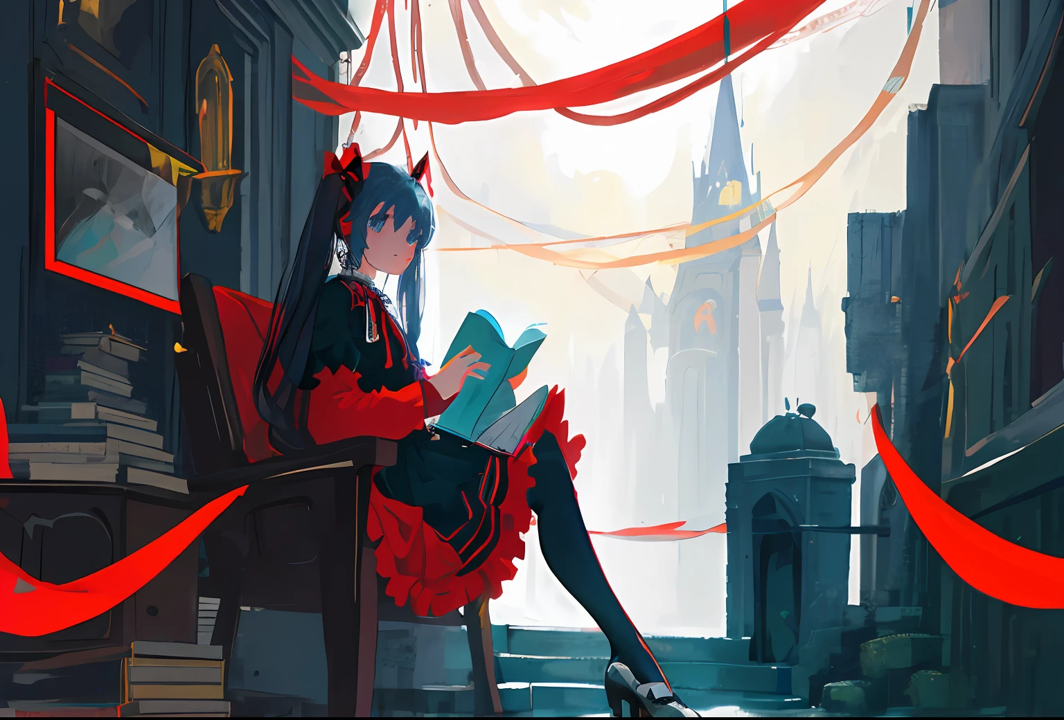 Hatsune Miku sits outside the castle in a long black dress