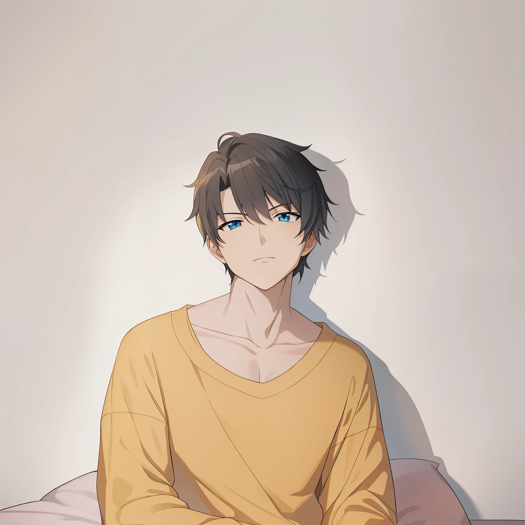 anime - style image of a man sitting on a bed with his hands folded, young anime man, Anime portrait of a handsome man, Anime handsome man, Handsome anime pose, Tall anime guy with blue eyes, male anime character, with short hair, Male anime style, in an anime style, as an anime character, Anime boy, Smooth anime CG art, Digital anime illustration
