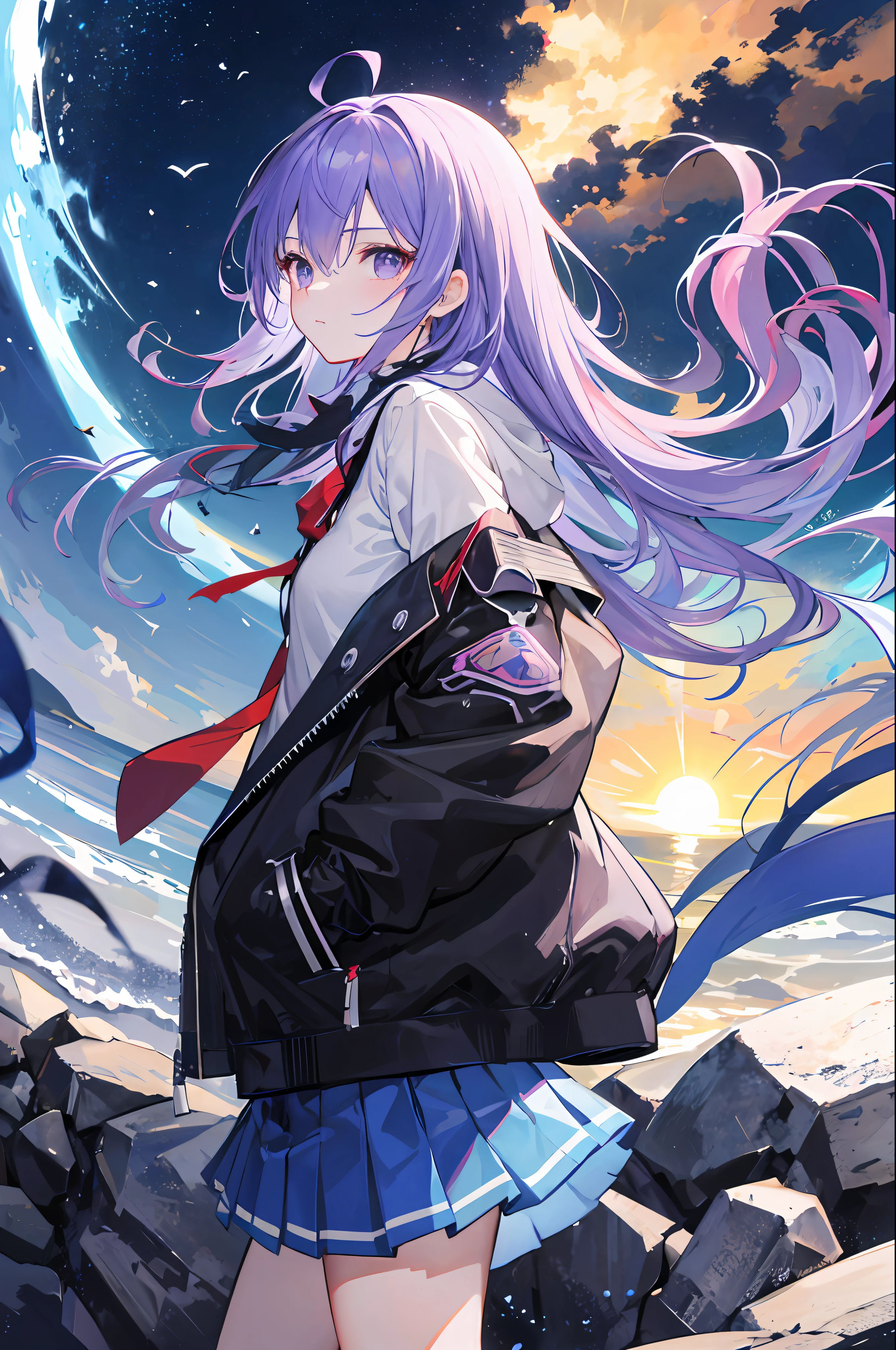 super high image quality，anime figure，Single female character，In the middle of the picture，The camera is closer to the female character，Ball head，Put your hands in your pockets，Purple eye，black cloaths，Light blue pleated skirt，Side side face，Side light irradiation，The sun sets，The picture is neat，Beautiful atmosphere。