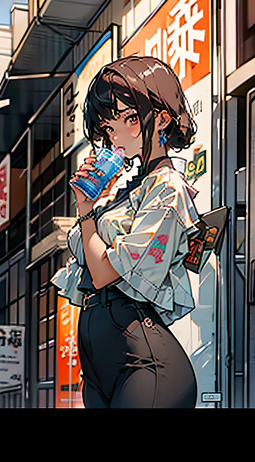 masterpiece、beste-Qualit、Super-High Resolution、High detailed portrait、(photographrealistic:1.4)、(((1girl in)))、Dasai Fashion、Beautiful Chi girl with ragged hair、Add straw、Hallyu idol、Holding a drink in your hands、Show your teeth、Cowboy style、Wild、Omotesando main street、In front of the high-brand shop window、