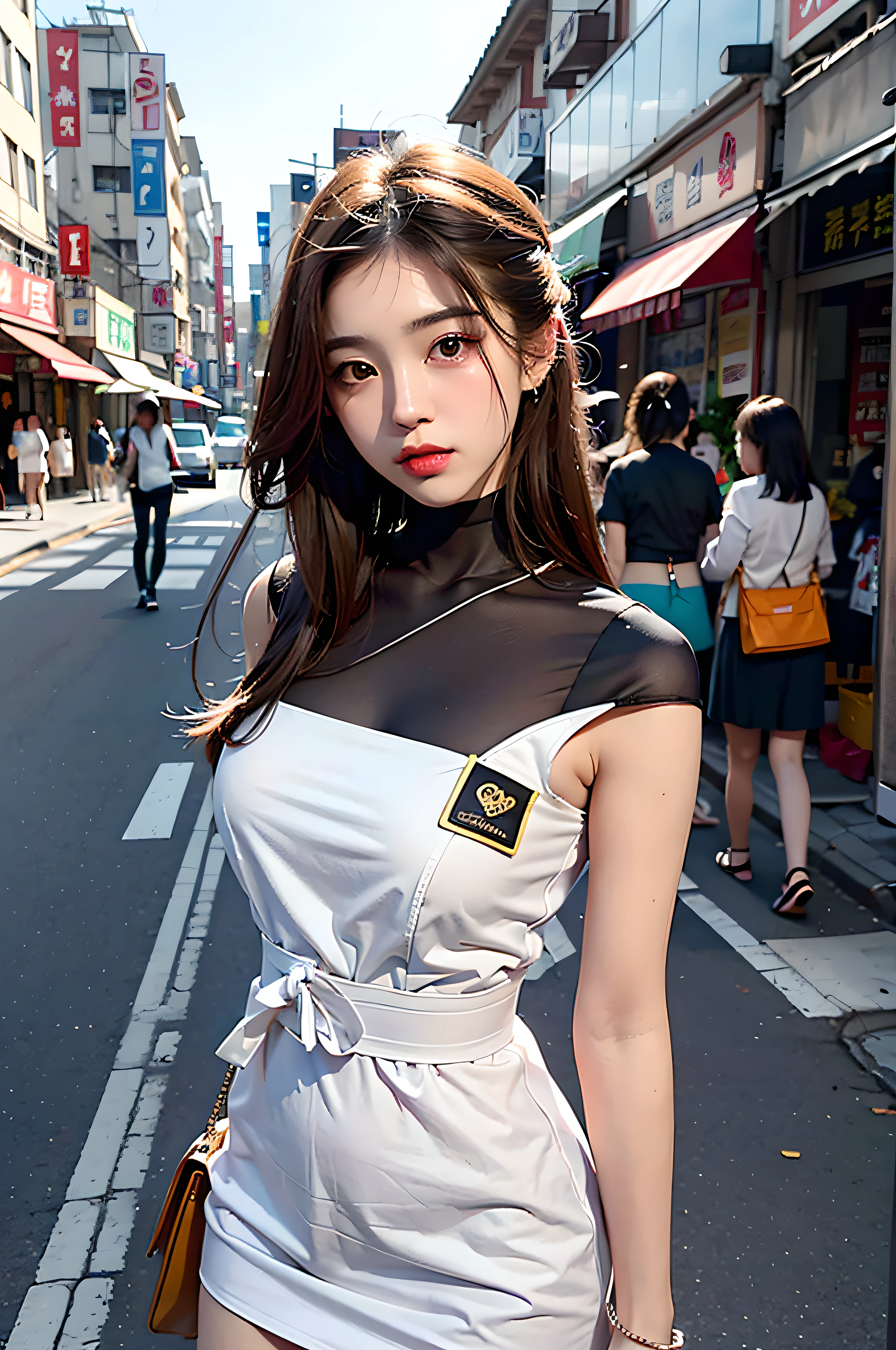 best qualtiy,tmasterpiece,超高分辨率,(真实感:2.0),RAW photogr,Korean girl,cropped shoulders,In the sun,deep shading,low tune,warm lights,Works of masters,Photographic works,Korean alleys,Street with foot traffic,Snack street,Commodity Street,Photographic works,Fujifilm camera,Fuji colors,showing waist,Medium viewing,Bust,Bust photo,Model figure,Yoo Jimin Karina,high qulity,higher details,Star looks,The waist exposes the navel,Crop topping,photorealistic effect
