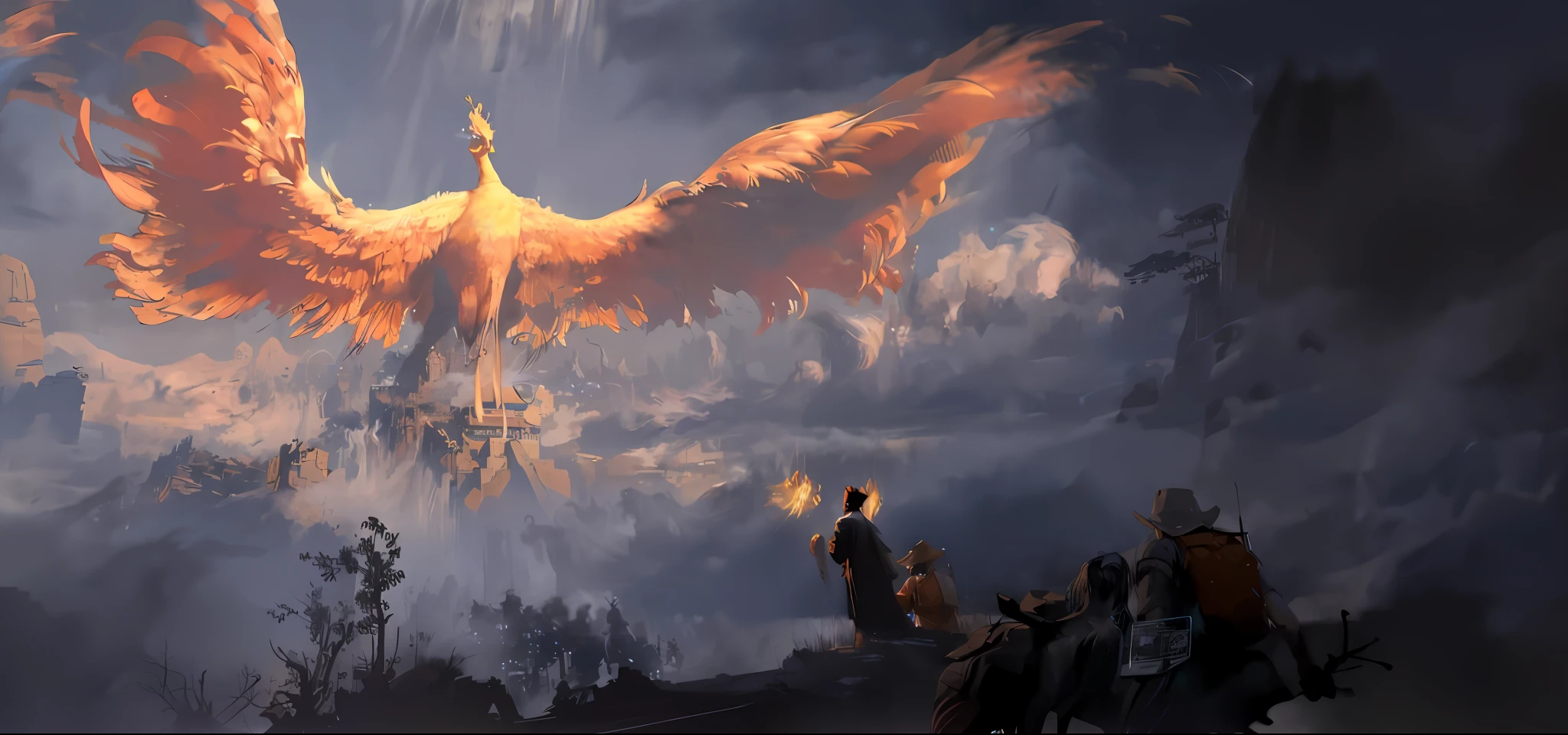 There is a painting，A bird flies past a group of people, cinematic fantasy painting, ''wallpaper of a phoenix resting, concept art painting, fantasy concept painting, concept art oil painting, dramatic concept art, concept-art | RHADS, artwork of a phoenix, epic fantasy painting, magical concept art, lan mcque, epic fantasy artwork