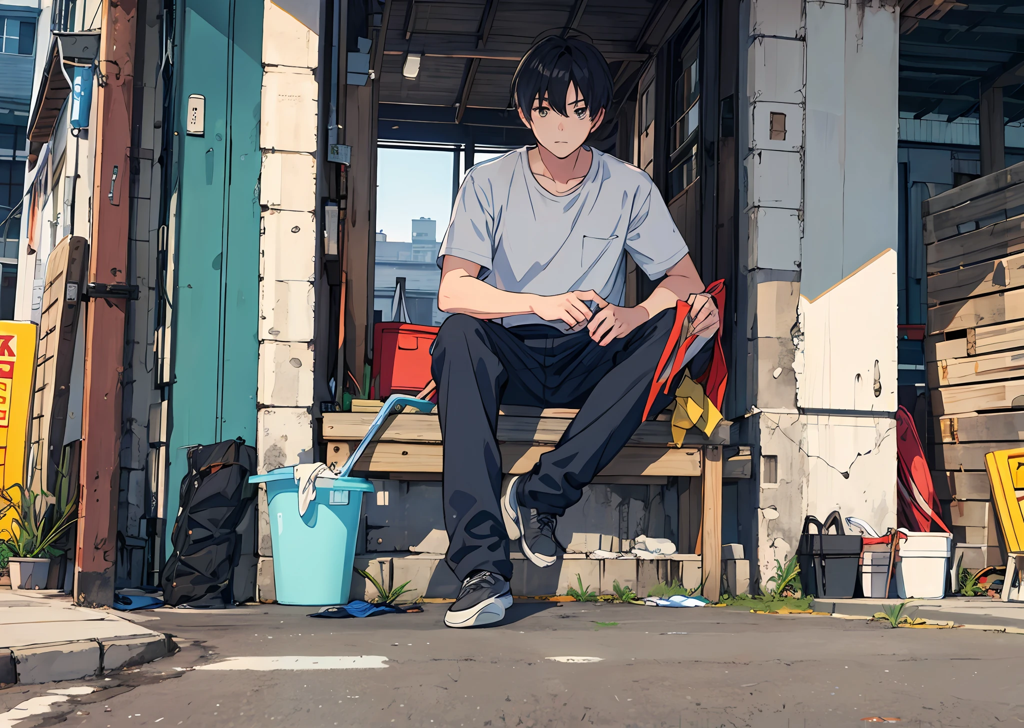 1boy,Sitting, roadside, cleaning clothes