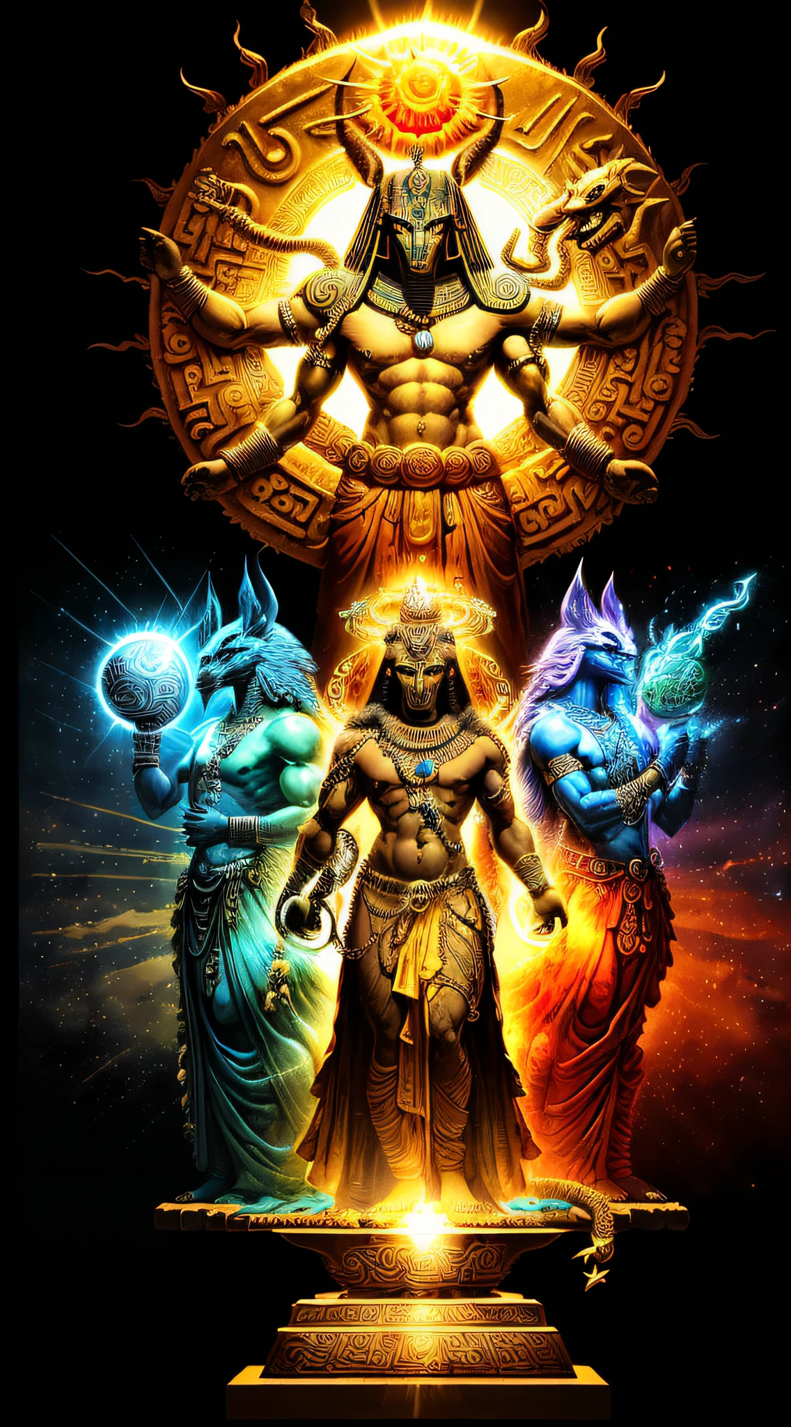 ((Masterpiece)), ((best quality)), 8k, high detailed, ultra-detailed, 

A group of deities representing the diversity of polytheistic beliefs. 

Deities: ((Zeus, with thunderbolts in hand)), ((Vishnu, with multiple arms and a crown)), ((Anubis, with a jackal head and weighing scales)), ((Quetzalcoatl, with feathered serpent body)), ((Amaterasu, with a radiant sun halo))

The deities stand together, each adorned in their unique attire and symbols, symbolizing the rich tapestry of multiple faiths. 

Prompt: ((Masterpiece)), ((best quality)), 8k, high detailed, ultra-detailed, A group of deities representing the diversity of polytheistic beliefs. Deities: ((Zeus, with thunderbolts in hand)), ((Vishnu, with multiple arms and a crown)), ((Anubis, with a jackal head and weighing scales)), ((Quetzalcoatl, with feathered serpent body)), ((Amaterasu, with a radiant sun halo)). The deities stand together, each adorned in their unique attire and symbols, symbolizing the rich tapestry of multiple faiths.