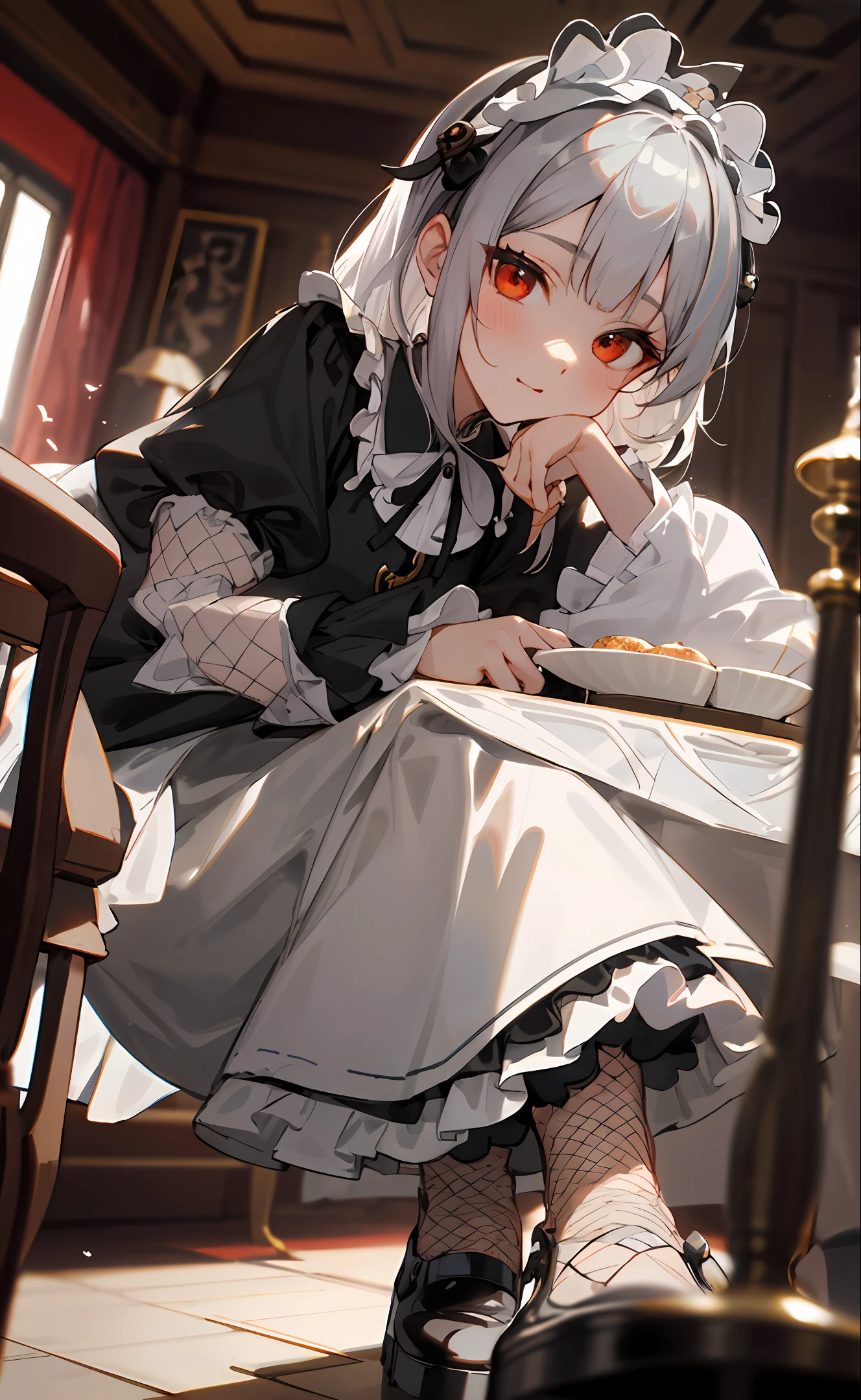 Best quality at best, tmasterpiece, realisticlying, 超高分辨率, Complicated details, 1girll, Jirai is stylish, beautiful face, Light silver hair, hair adornments, frilled sleeves, skirt with frills, fishnet stockings, platform footwear, in the dining room, squatt