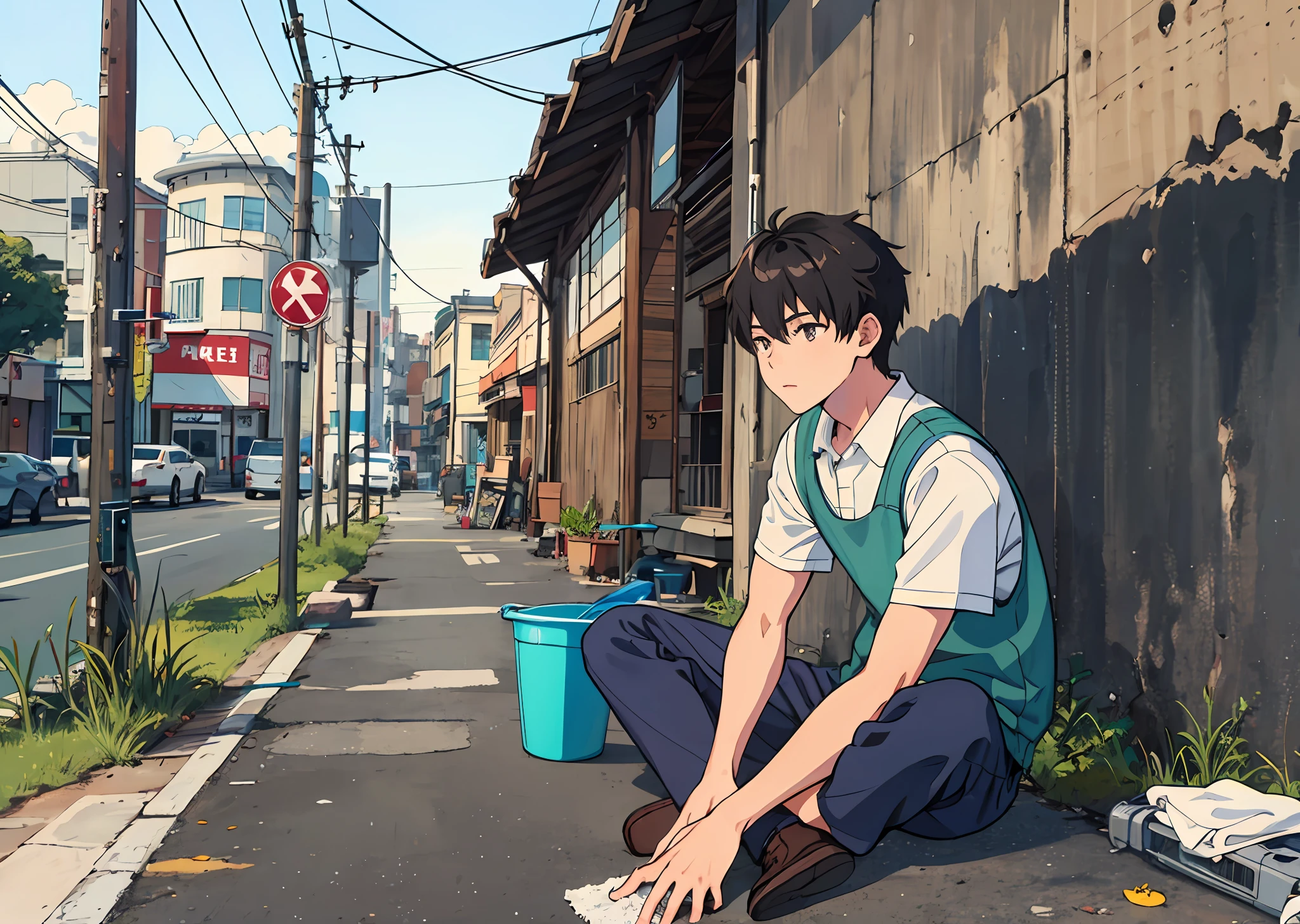 1boy,Sitting, roadside, cleaning clothes