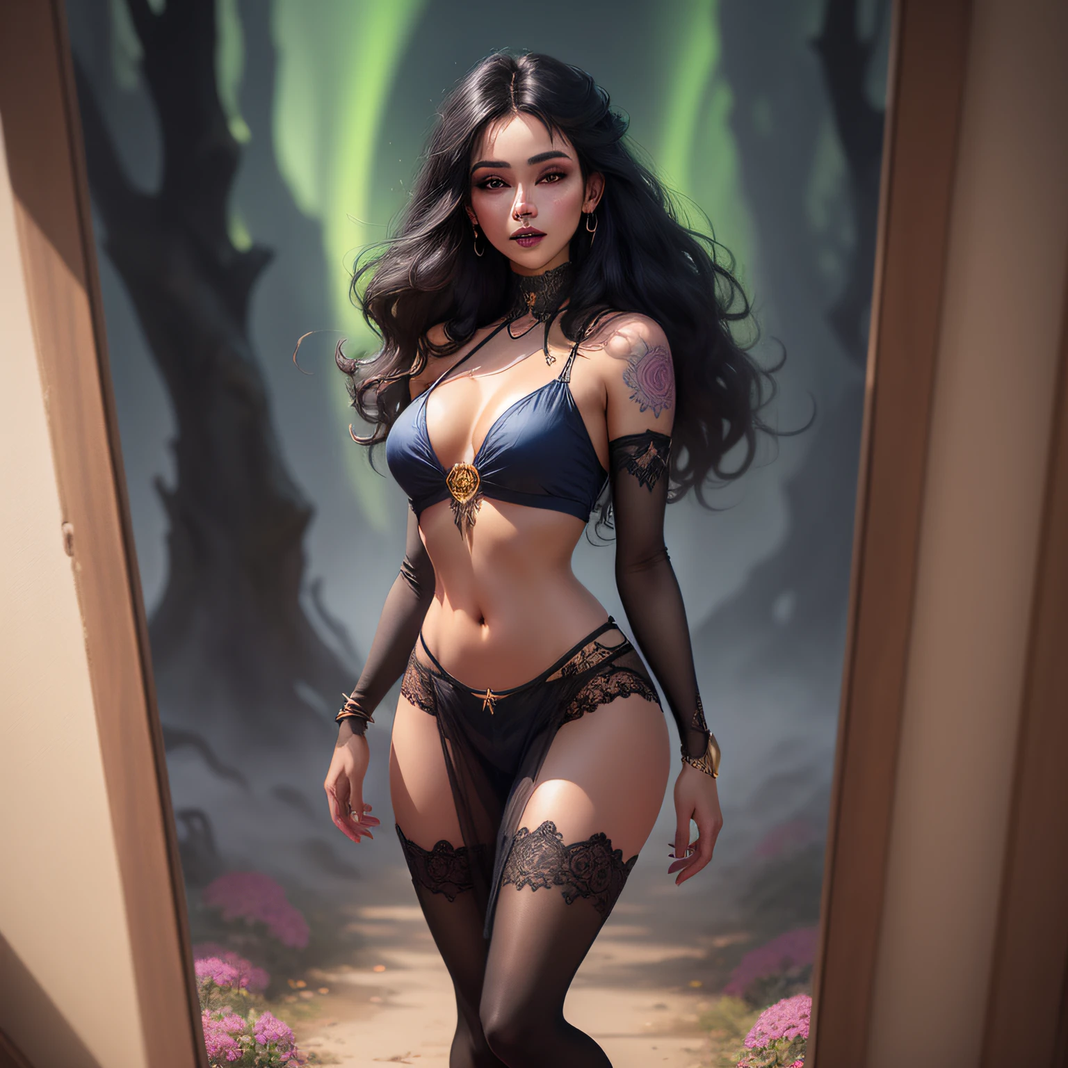 Lisa Frank Art Color, Full Body, Small Breasts, Perfect Buttocks, Beautiful Woman, Multicolored Long Hair, Multicolored Aurora, Art Face by Tom Bagshaw, Emile Vernon Style, Full Body Dynamic Motion Pose, Beautiful Woman with Long Hair, Jewelry gold, oil painting, fantasy, intricate, stunning highly detailed girl by Artgerm and Edouard Bisson, beautiful elegant, fantasy, flowers, forest, Highly Detailed, Digital Airbrush, photorealistic, Octane Rendering, black hair, black lips, gothic, rapunzel hair long, long golden and black hair, long golden and black hair, Digital Painting, soft skin wide eyes watercolor, style, sketch, Watercolor paiting, Watercolorist, Portrait of a beautiful girl with long curly hair, Vintage cartoon, GHIBLI , Artgerm, WLOP , Alphonse Mucha Intricately detailed hyper-detailed dynamic lighting Splash art trend in triadic colors Artstation Volumetric lighting Unreal Engine 5, See-through clothing, slight smile,, legs spread, View of pubic hair, 1 sexy girl in see-through forest clothing, breasts exposed, Open transparent T-shirt, Tattoos of mandalas and flowers, The best quality,