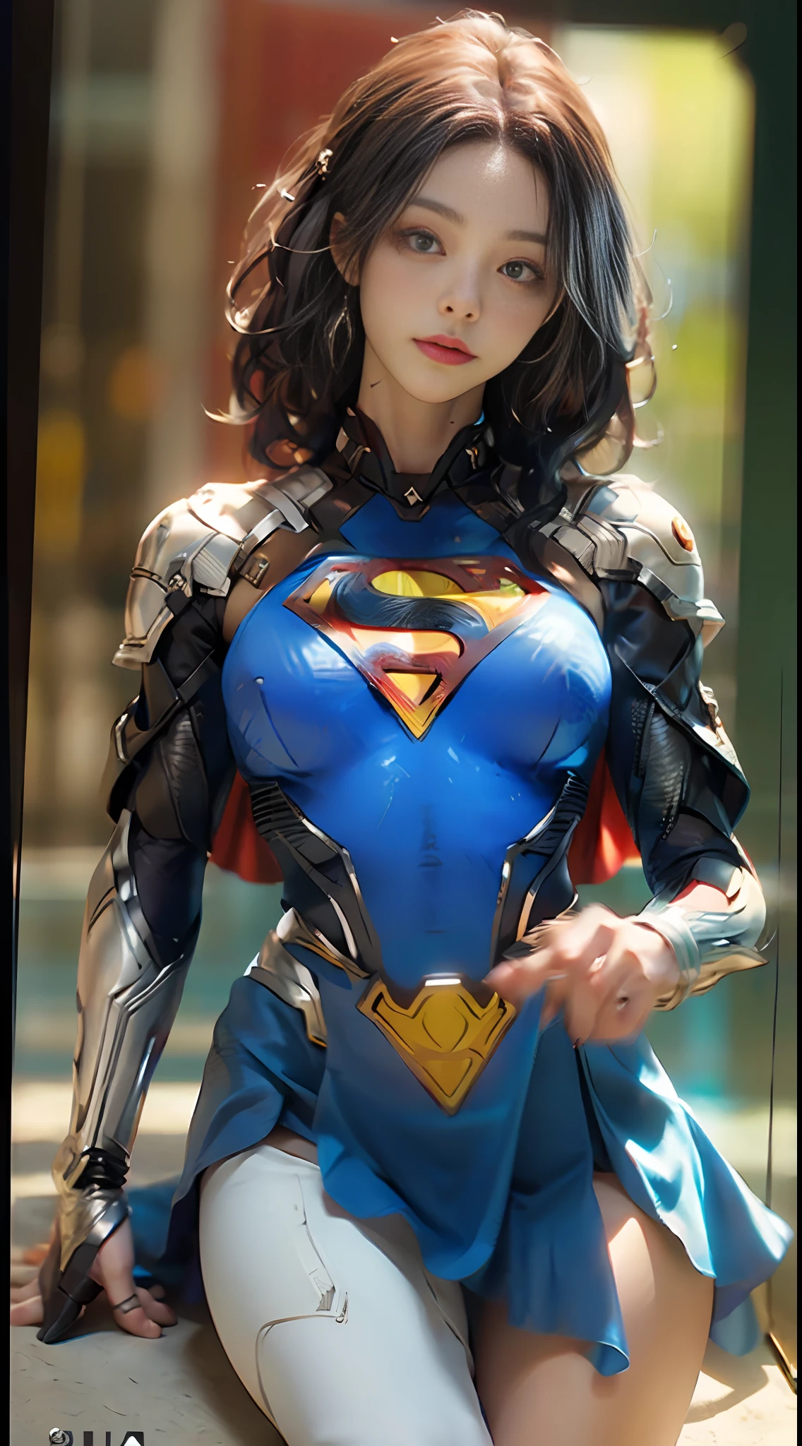 (Melhor qualidade da Supergirl), ((obra-prima), (detalhe: 1.4), ..3d, Uma Bela Mulher loira Cyberpunk, HDR (high dynamic range), Satin Apparel, ray tracing, NVIDIA RTX, Super-Resolution, irreal 5, espalhamento subsuperficial, Texturas PBR, Post-processing, anisotropic filtering, profundidade de campo, Maximum Sharpness and Sharpness, texturas multicamadas, Mapas de Albedo e Realce, surface shading, Precise simulation of light-material interactions, perfectly proportions, octan render, Luz de Duas Cores, grande abertura, ISO baixo, white-balance, rule of thirds, 8K BRUTO, with superman S symbol on the chest. Olhos azuis Brilhantes.
