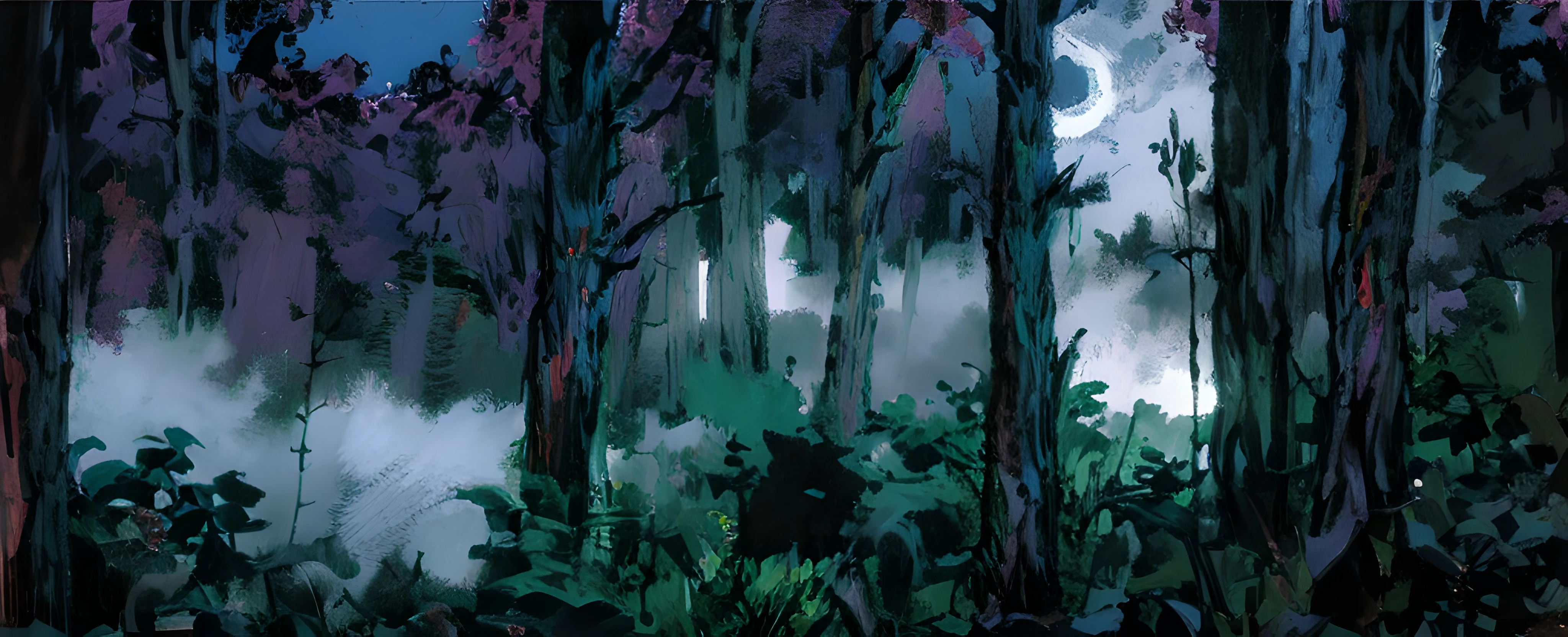 Moon light (((creepy night, mist)))(((blue cool tones))), Oil painting, detailed and intricate, of a dense jungle filled with exotic plants, moon light, (((night creepy, mist))). In the style of Yoshitaka Amano and Hayao Miyazaki, masterpiece, proportional, detailed, trending on artstation, beautiful lighting, realistic, intricate, award winning, 4k, highest quality Award-winning, 4K digital painting in the style of Yoshitaka Amano. Detailed and intricate depiction of a zombie apocalypse, masterfully capturing the chaos and drama of the scene. Beautiful lighting and cinematic composition make this piece a true masterpiece