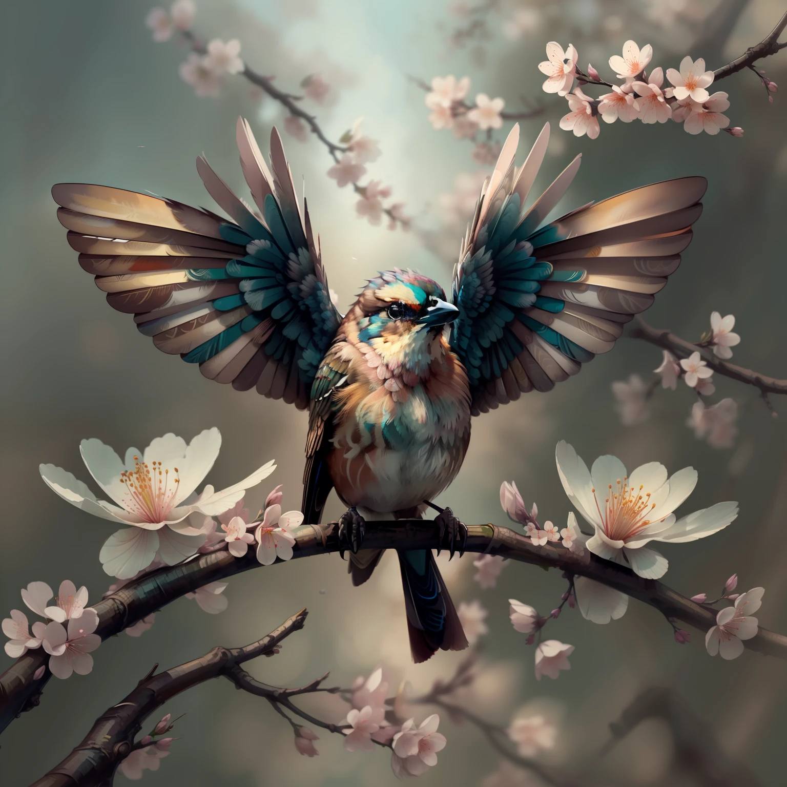 "1 Sparrow bird with open wings flying, cherry blossom, wings open, wings spread upwards, masterpiece of superior quality, officially beautiful art and aesthetics, realistic and detailed 8k, yang08k."